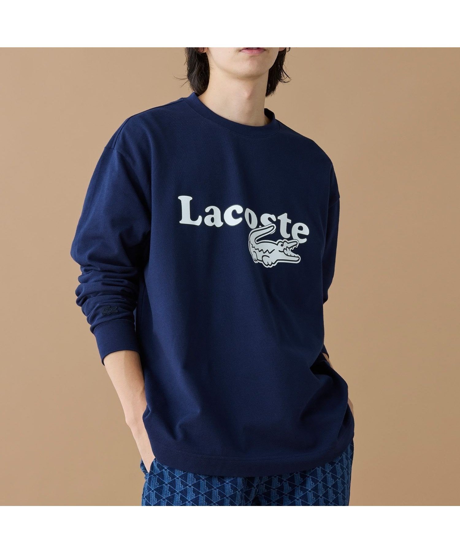 【ラコステ/LACOSTE】の【オンライン限定】LACOSTE 鹿の子オーバーサイズプリント ロングスリーブTシャツ インテリア・キッズ・メンズ・レディースファッション・服の通販 founy(ファニー) 　ファッション　Fashion　レディースファッション　Fashion for Women　トップス・カットソー　Cut & Sew Tops　シャツ・ブラウス・オフィスカジュアル　Elegant Blouses & Button-Ups　ロングTシャツ・Tシャツ　Longline T-Shirts & Tees　インナー　Innerwear　クラシック　Classic, Timeless Style　クール　Cool, Chic　鹿の子　Piqué, Kanoko Fabric　スマート　Smart, Elegant　スリーブ　Sleeve, Long Sleeve / Short Sleeve　センター　Center, Center Line　フィット　Fit, Slim Fit　フレア　Flare, Flared　フロント　Front, Front Design　プリント　Print, Printed Pattern　ミックス　Mix, Mixed Style　リラックス　Relax, Relaxed Fit　ロング　Long, Long-Length　おすすめ　Recommended / Our Picks　ネイビー|ID: prp329100004719865 ipo3291000000034623958