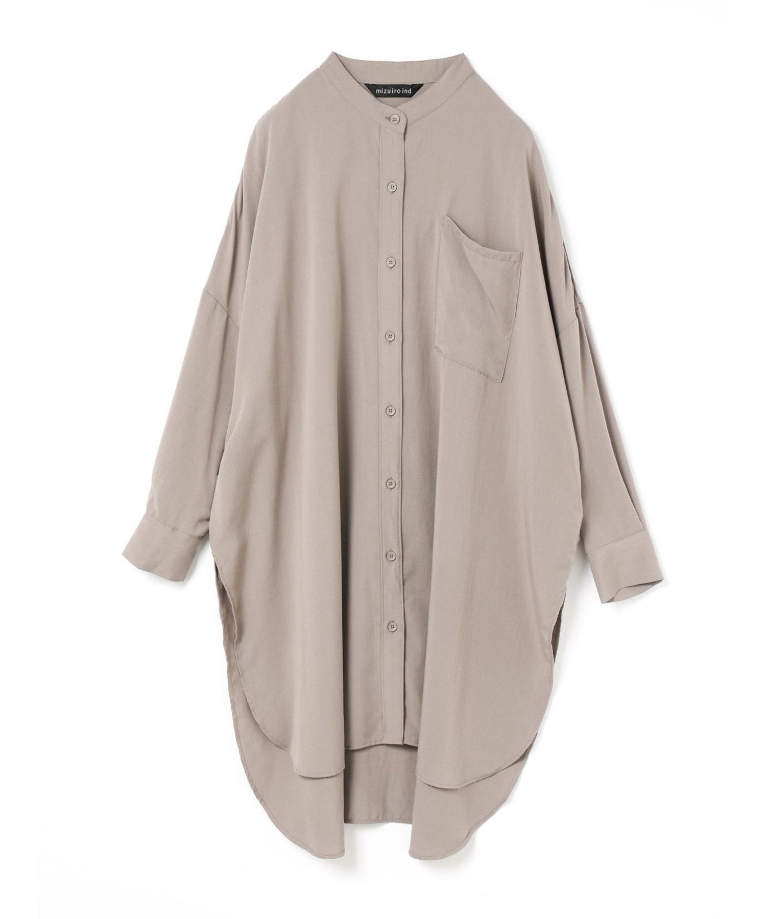 【マーコート/MARcourt】のmizuiro ind バンドカラーロングシャツ インテリア・キッズ・メンズ・レディースファッション・服の通販 founy(ファニー) 　ファッション　Fashion　レディースファッション　Fashion for Women　トップス・カットソー　Cut & Sew Tops　シャツ・ブラウス・オフィスカジュアル　Elegant Blouses & Button-Ups　スリット　Slit, Slit Detail　セットアップ　Set-Up, Coordinated Outfit　ツイル　Twist, Twisted Detail　フロント　Front, Front Design　ポケット　Pocket, Pocket Detail　エレガント 上品　Elegant　再入荷　Restock / Back in Stock　春　Spring　無地　Plain, Solid Color　羽織　Haori, Light Jacket　長袖　Long Sleeve, Full Sleeve　ベージュ|ID: prp329100004720273 ipo3291000000034109787