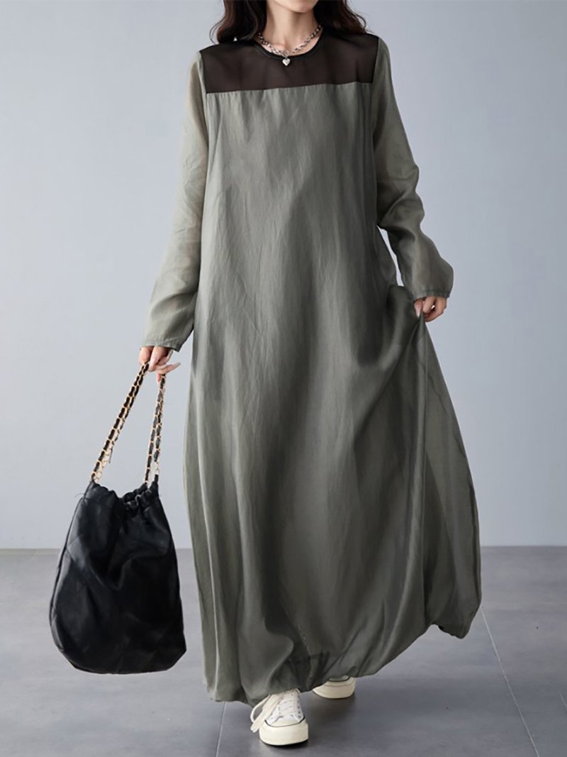 【ドゥーベル/Doux Belle】のシアー切替*ギャザーロングワンピース レディース ワンピース インテリア・キッズ・メンズ・レディースファッション・服の通販 founy(ファニー) 　ファッション　Fashion　レディースファッション　Fashion for Women　ワンピース　Dresses　ギャザー　Gathered, Ruffled　シアー　Sheer, See-Through　スニーカー　Sneakers, Trainers　ハイネック　High Neck, Mock Neck　ポケット　Pocket, Pocket Detail　切替　Switching, Contrast Panel　春　Spring　秋　Autumn　長袖　Long Sleeve, Full Sleeve　グレー|ID: prp329100004720306 ipo3291000000034588504