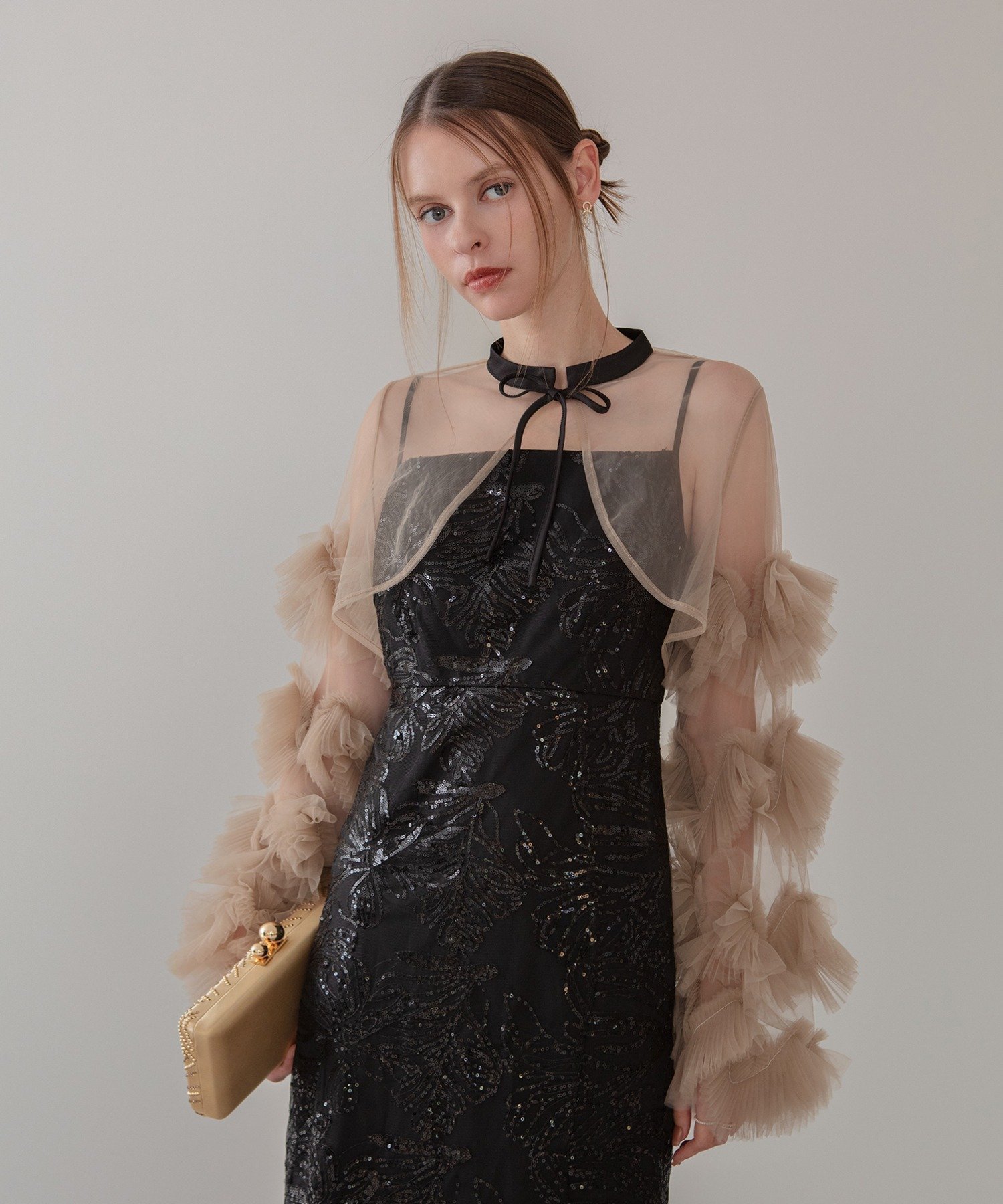 【レジャ/Leja】のLeja-フリルチュールスリーブリボンIラインワンピースドレス結婚式 人気、トレンドファッション・服の通販 founy(ファニー) 　ファッション　Fashion　レディースファッション　Fashion for Women　ワンピース　Dresses　フォーマル・パーティードレス・結婚式用ドレス　Elegant & Casual Dresses　エレガント 上品　Elegant　クラシカル　Classical, Vintage-Inspired　シアー　Sheer, See-Through　スパンコール　Sequins, Sequin Embellishment　スリーブ　Sleeve, Long Sleeve / Short Sleeve　チュール　Tulip, Tulip Motif　デコルテ　Décolleté, Neckline　ドレス　Dress, One-Piece　フェミニン　Feminine, Girly　フラワー　Flower, Floral　フリル　Frill, Ruffle　ボレロ　Bolero, Short Cardigan　モチーフ　Motif, Design Theme　ラグジュアリー　Luxury, Elegant　リボン　Ribbon, Bow　レース　Lace, Lace Fabric　結婚式　Wedding　 other-1|ID: prp329100004720326 ipo3291000000034488712