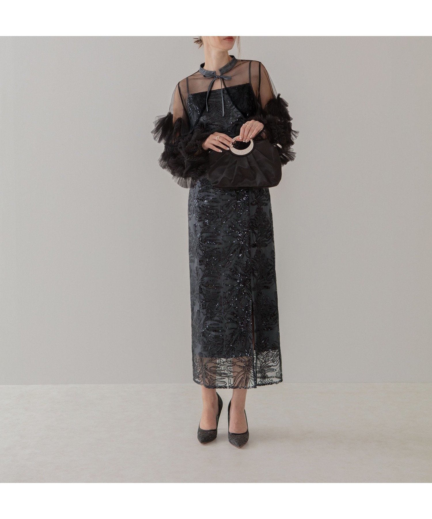 【レジャ/Leja】のLeja-フリルチュールスリーブリボンIラインワンピースドレス結婚式 インテリア・キッズ・メンズ・レディースファッション・服の通販 founy(ファニー) 　ファッション　Fashion　レディースファッション　Fashion for Women　ワンピース　Dresses　フォーマル・パーティードレス・結婚式用ドレス　Elegant & Casual Dresses　エレガント 上品　Elegant　クラシカル　Classical, Vintage-Inspired　シアー　Sheer, See-Through　スパンコール　Sequins, Sequin Embellishment　スリーブ　Sleeve, Long Sleeve / Short Sleeve　チュール　Tulip, Tulip Motif　デコルテ　Décolleté, Neckline　ドレス　Dress, One-Piece　フェミニン　Feminine, Girly　フラワー　Flower, Floral　フリル　Frill, Ruffle　ボレロ　Bolero, Short Cardigan　モチーフ　Motif, Design Theme　ラグジュアリー　Luxury, Elegant　リボン　Ribbon, Bow　レース　Lace, Lace Fabric　結婚式　Wedding　BLUE|ID: prp329100004720326 ipo3291000000034488719