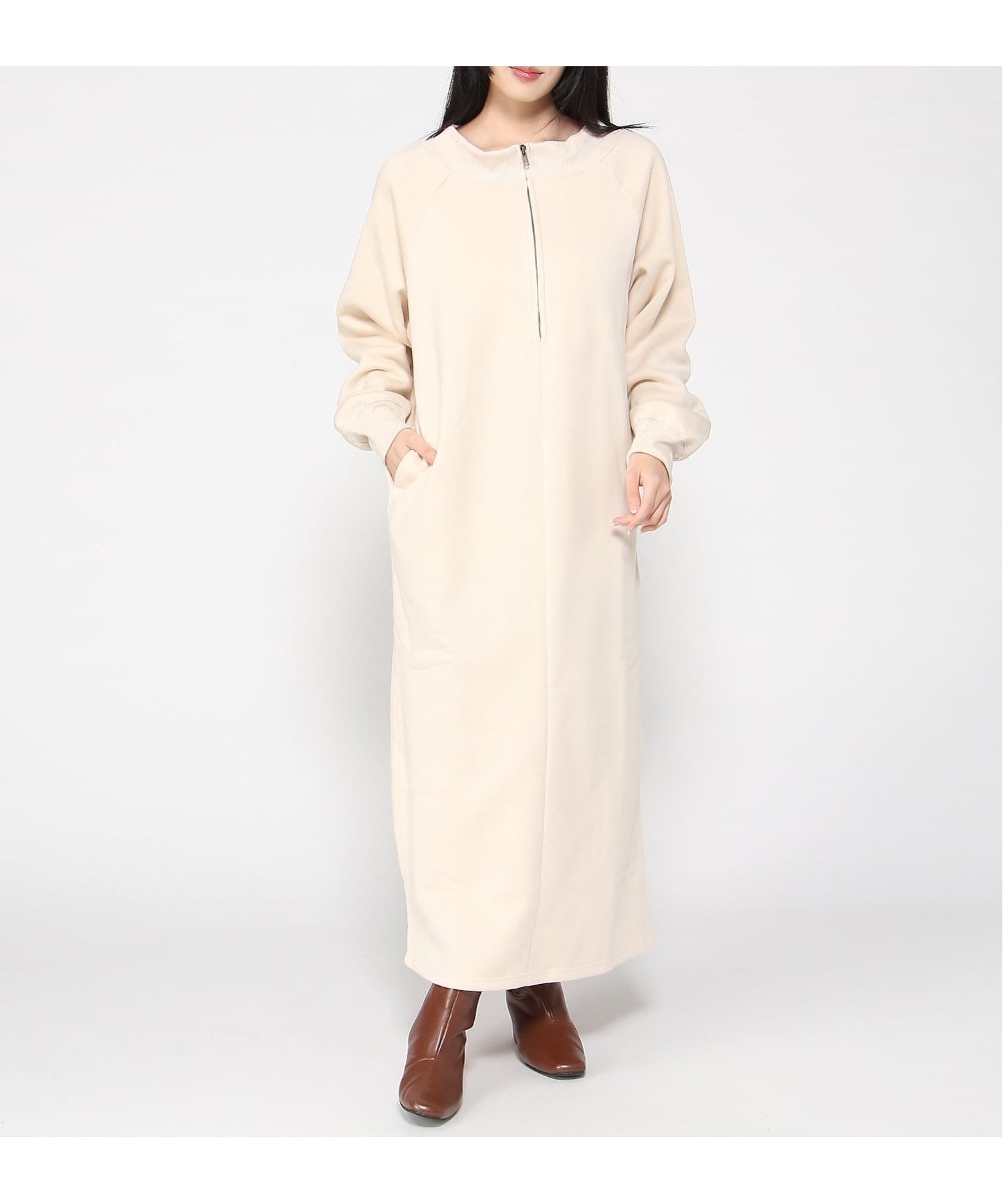 【ラナン/Ranan】のRanan/裏起毛ハーフジップワンピース インテリア・キッズ・メンズ・レディースファッション・服の通販 founy(ファニー) 　ファッション　Fashion　レディースファッション　Fashion for Women　ワンピース　Dresses　インナー　Innerwear　ジップ　Zip, Zipper　スリット　Slit, Slit Detail　バランス　Balance, Style Balance　ポケット　Pocket, Pocket Detail　ロング　Long, Long-Length　冬　Winter / This Winter　おすすめ　Recommended / Our Picks　IV|ID: prp329100004720460 ipo3291000000034111307