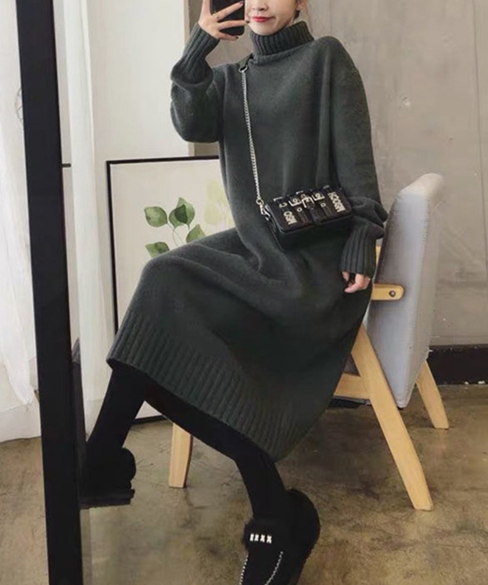 【ミニミニストア/miniministore】のハイネックニットワンピースゆったり秋冬服 インテリア・キッズ・メンズ・レディースファッション・服の通販 founy(ファニー) 　ファッション　Fashion　レディースファッション　Fashion for Women　ワンピース　Dresses　ニットワンピース　Knit Dresses　アクリル　Acrylic Material　シンプル　Simple, Minimal　タートルネック　Turtleneck, High Neck　ベーシック　Basic, Essential　無地　Plain, Solid Color　ロング　Long, Long-Length　A/W・秋冬　Autumn/Winter　ビジネス 仕事 通勤　Business / Work / Commuting　ダークグレー|ID: prp329100004721008 ipo3291000000034117015