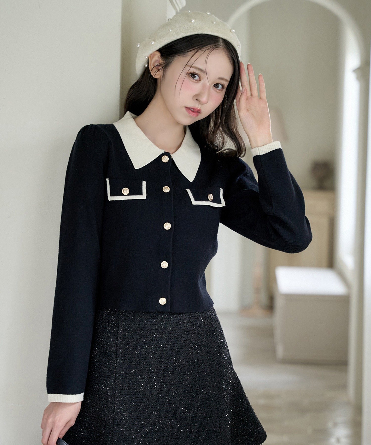 【ナイスクラップ/NICE CLAUP】の金ボタン配色衿ニット インテリア・キッズ・メンズ・レディースファッション・服の通販 founy(ファニー) 　ファッション　Fashion　レディースファッション　Fashion for Women　トップス・カットソー　Cut & Sew Tops　ニット　Knit Tops & Sweaters　2025年　2025　2025-2026秋冬・A/W　Autumn/Winter 2025–26 AW25–26　おすすめ　Recommended / Our Picks　クラシカル　Classical, Vintage-Inspired　デニム　Denim, Jeans Material　フィット　Fit, Slim Fit　フレア　Flare, Flared　ボトム　Bottoms, Lower Wear　長袖　Long Sleeve, Full Sleeve　ネイビー|ID: prp329100004721377 ipo3291000000034624603