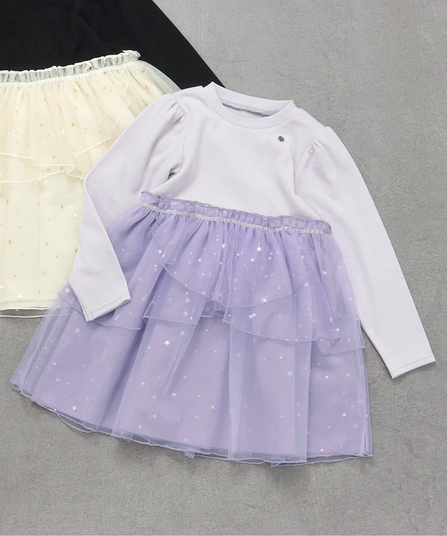 【エフオー オンラインストア/F.O.Online Store / KIDS】の花びらチュールバックリボンワンピース インテリア・キッズ・メンズ・レディースファッション・服の通販 founy(ファニー) 　ファッション　Fashion　キッズファッション　Fashion for Kids　ワンピース　Dresses　ラベンダー|ID: prp329100004721709 ipo3291000000034123165