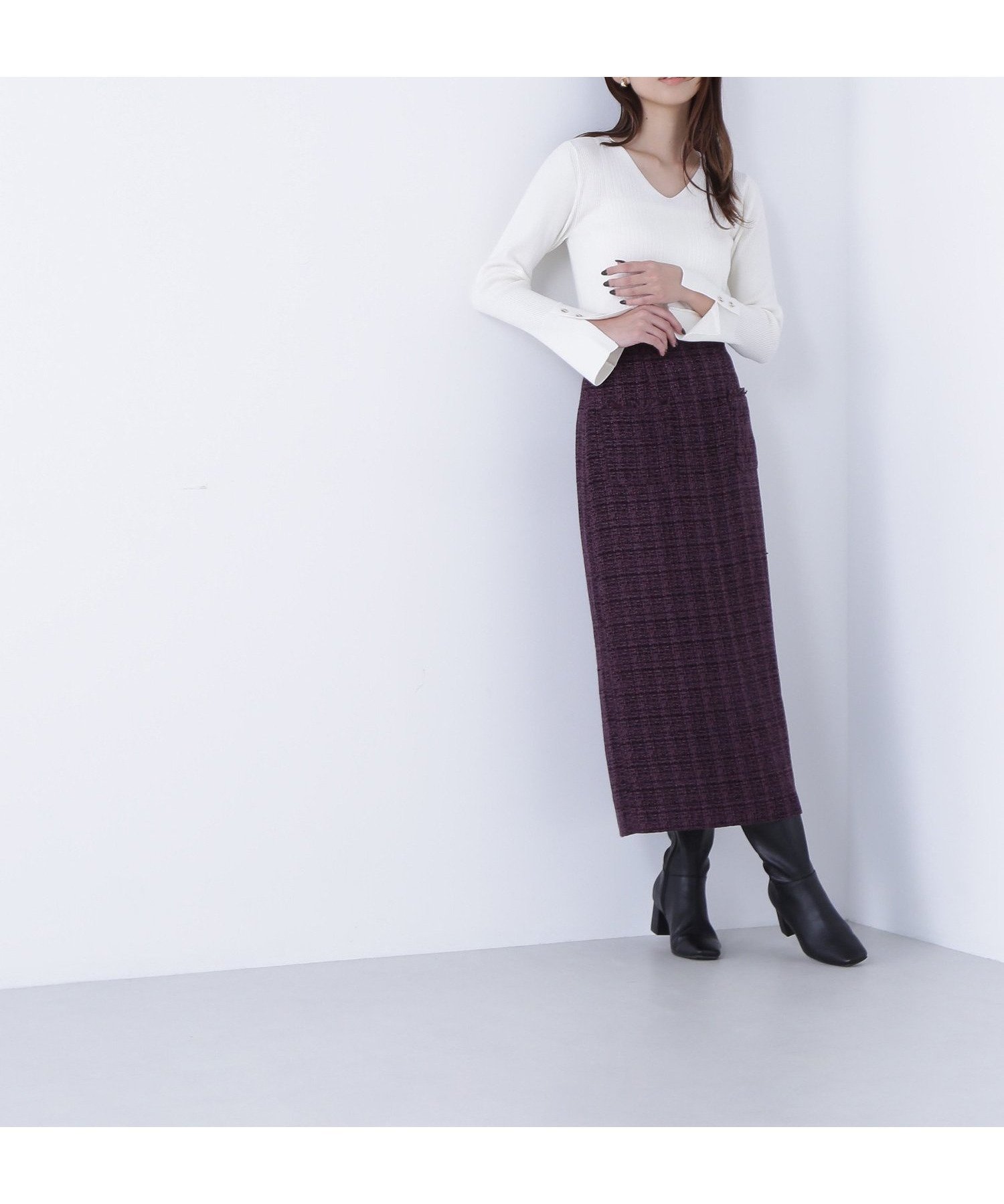 【ナチュラル ビューティー ベーシック/NATURAL BEAUTY BASIC】のツイーディーナロースカート インテリア・キッズ・メンズ・レディースファッション・服の通販 founy(ファニー) 　ファッション　Fashion　レディースファッション　Fashion for Women　スカート　Skirts　ツイード　Twill, Twill Weave　ポケット　Pocket, Pocket Detail　ディープパープル1|ID: prp329100004721954 ipo3291000000034529300