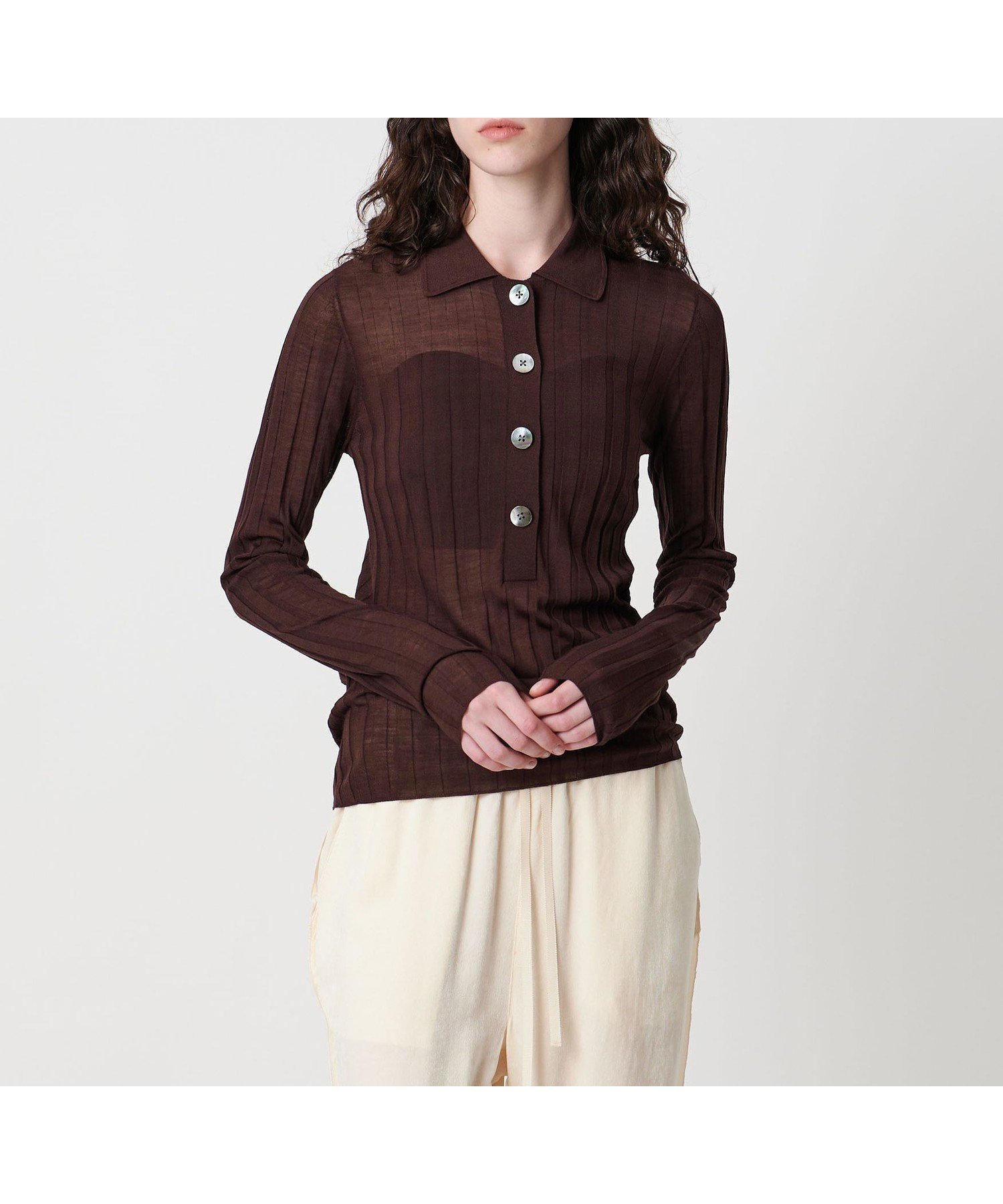 【ユナイテッドアローズ/UNITED ARROWS】のAEWEN MATOPH シアーリブポロニット インテリア・キッズ・メンズ・レディースファッション・服の通販 founy(ファニー) 　ファッション　Fashion　レディースファッション　Fashion for Women　トップス・カットソー　Cut & Sew Tops　ニット　Knit Tops & Sweaters　インナー　Innerwear　コンパクト　Compact, Small Size　シアー　Sheer, See-Through　シルク　Silk, 100% Silk　ジャケット　Jacket, Outerwear　スキッパー　Skipper, Open Collar　パイピング　Piping, Trim Design　フェミニン　Feminine, Girly　フロント　Front, Front Design　ボトム　Bottoms, Lower Wear　ミックス　Mix, Mixed Style　ワイド　Wide, Wide Fit　ワイドリブ　Wide Rib, Wide Ribbed Knit　おすすめ　Recommended / Our Picks　エレガント 上品　Elegant　DK.BROWN|ID: prp329100004722581 ipo3291000000034133089