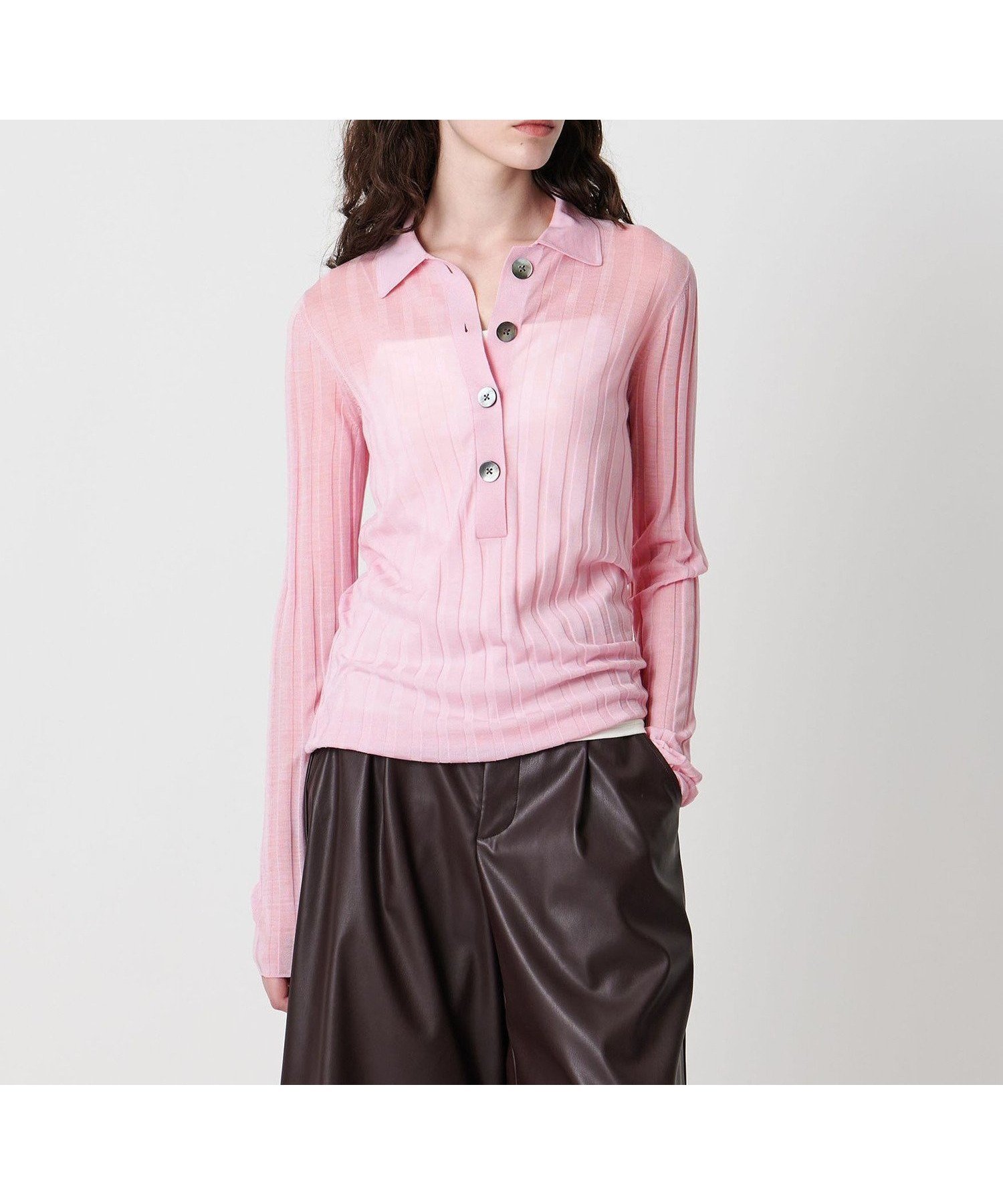 【ユナイテッドアローズ/UNITED ARROWS】のAEWEN MATOPH シアーリブポロニット インテリア・キッズ・メンズ・レディースファッション・服の通販 founy(ファニー) 　ファッション　Fashion　レディースファッション　Fashion for Women　トップス・カットソー　Cut & Sew Tops　ニット　Knit Tops & Sweaters　インナー　Innerwear　コンパクト　Compact, Small Size　シアー　Sheer, See-Through　シルク　Silk, 100% Silk　ジャケット　Jacket, Outerwear　スキッパー　Skipper, Open Collar　パイピング　Piping, Trim Design　フェミニン　Feminine, Girly　フロント　Front, Front Design　ボトム　Bottoms, Lower Wear　ミックス　Mix, Mixed Style　ワイド　Wide, Wide Fit　ワイドリブ　Wide Rib, Wide Ribbed Knit　おすすめ　Recommended / Our Picks　エレガント 上品　Elegant　LT.PINK|ID: prp329100004722581 ipo3291000000034133090