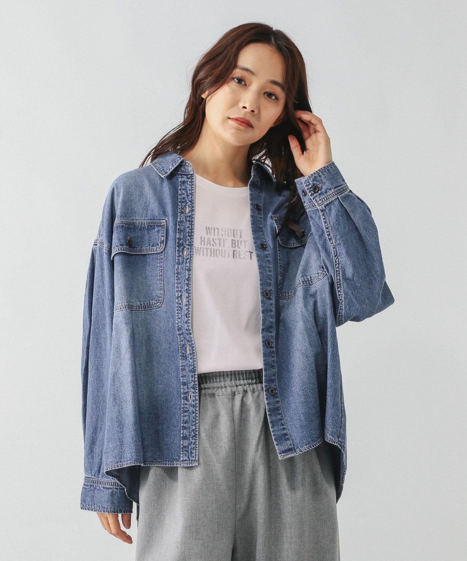 【グローバルワーク/GLOBAL WORK】のGOODデニムシャツ/580825 インテリア・キッズ・メンズ・レディースファッション・服の通販 founy(ファニー) 　ファッション　Fashion　レディースファッション　Fashion for Women　トップス・カットソー　Cut & Sew Tops　シャツ・ブラウス・オフィスカジュアル　Elegant Blouses & Button-Ups　おすすめ　Recommended / Our Picks　デニム　Denim, Jeans Material　夏　Summer　春　Spring　S/S・春夏　SS, Spring/Summer, Warm Season　秋　Autumn　長袖　Long Sleeve, Full Sleeve　濃色ブルー86|ID: prp329100004722614 ipo3291000000034133228