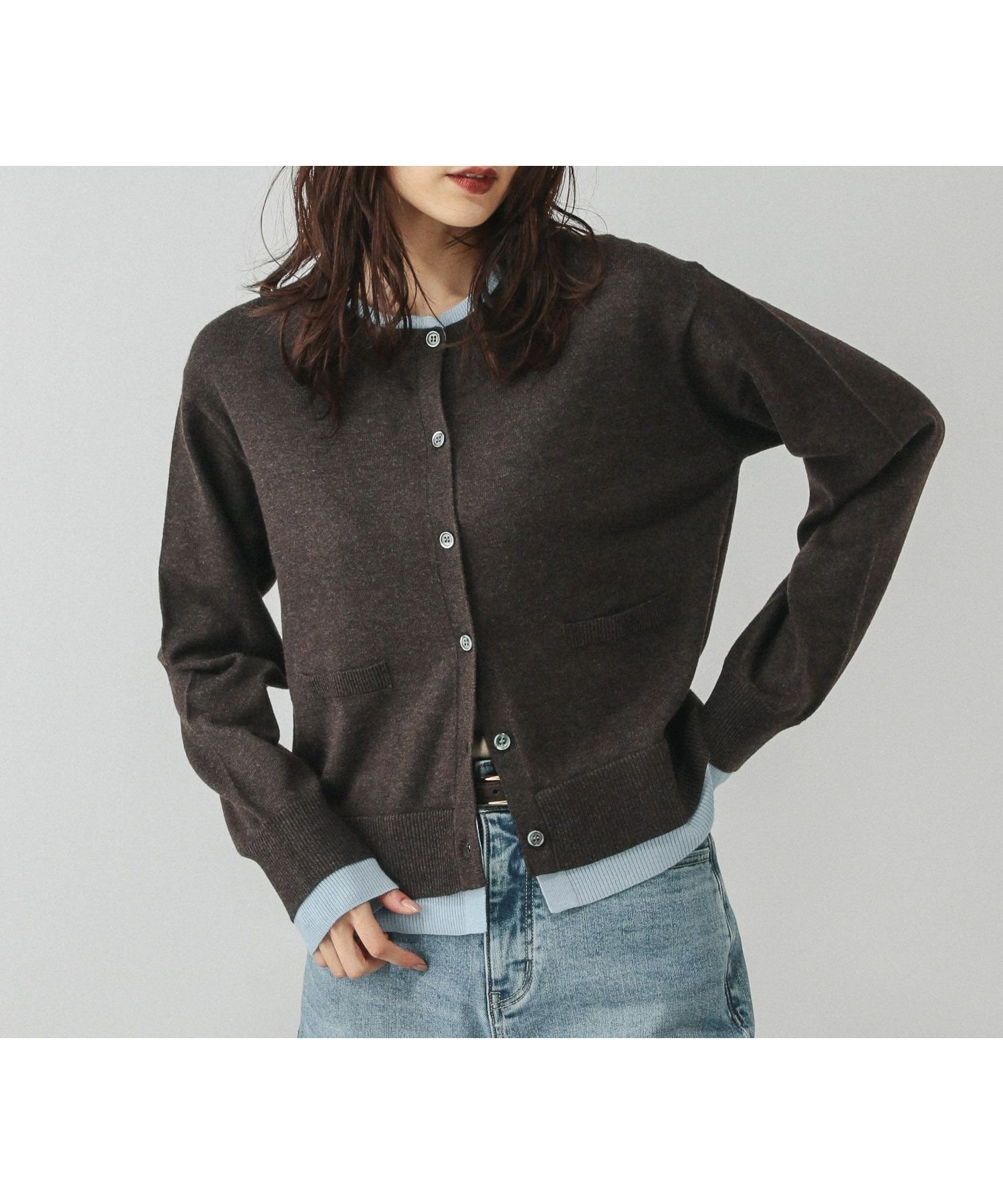 【グローバルワーク/GLOBAL WORK】のフェイクレイヤードカーディガン/598031 インテリア・キッズ・メンズ・レディースファッション・服の通販 founy(ファニー) 　ファッション　Fashion　レディースファッション　Fashion for Women　トップス・カットソー　Cut & Sew Tops　カーディガン・羽織り　Layered Style Cardigans　カーディガン　Cardigan, Knitwear　デニム　Denim, Jeans Material　トレンド　Trend, Trending Now　ボトム　Bottoms, Lower Wear　ポケット　Pocket, Pocket Detail　マニッシュ　Mannish, Boyish　エレガント 上品　Elegant　ダークブラウン×ライトブルー58|ID: prp329100004722986 ipo3291000000034135397