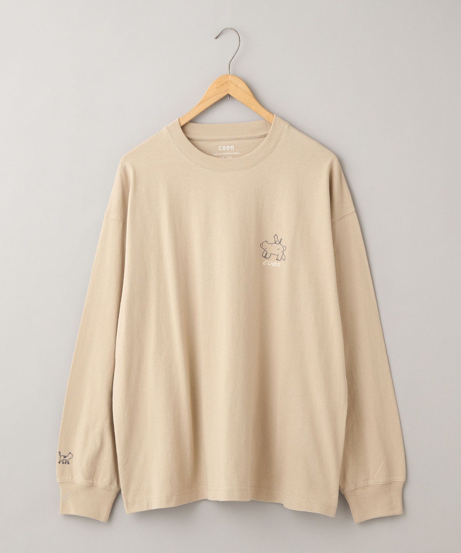 【コーエン/COEN】のRYO KANEYASU * コーエン アニマルプリントロンT インテリア・キッズ・メンズ・レディースファッション・服の通販 founy(ファニー) 　ファッション　Fashion　レディースファッション　Fashion for Women　トップス・カットソー　Cut & Sew Tops　ロングTシャツ・Tシャツ　Longline T-Shirts & Tees　イラスト　Illustration　スリーブ　Sleeve, Long Sleeve / Short Sleeve　トレンド　Trend, Trending Now　人気　Popular, Best Seller　フロント　Front, Front Design　ロング　Long, Long-Length　BEIGE|ID: prp329100004723062 ipo3291000000034717407