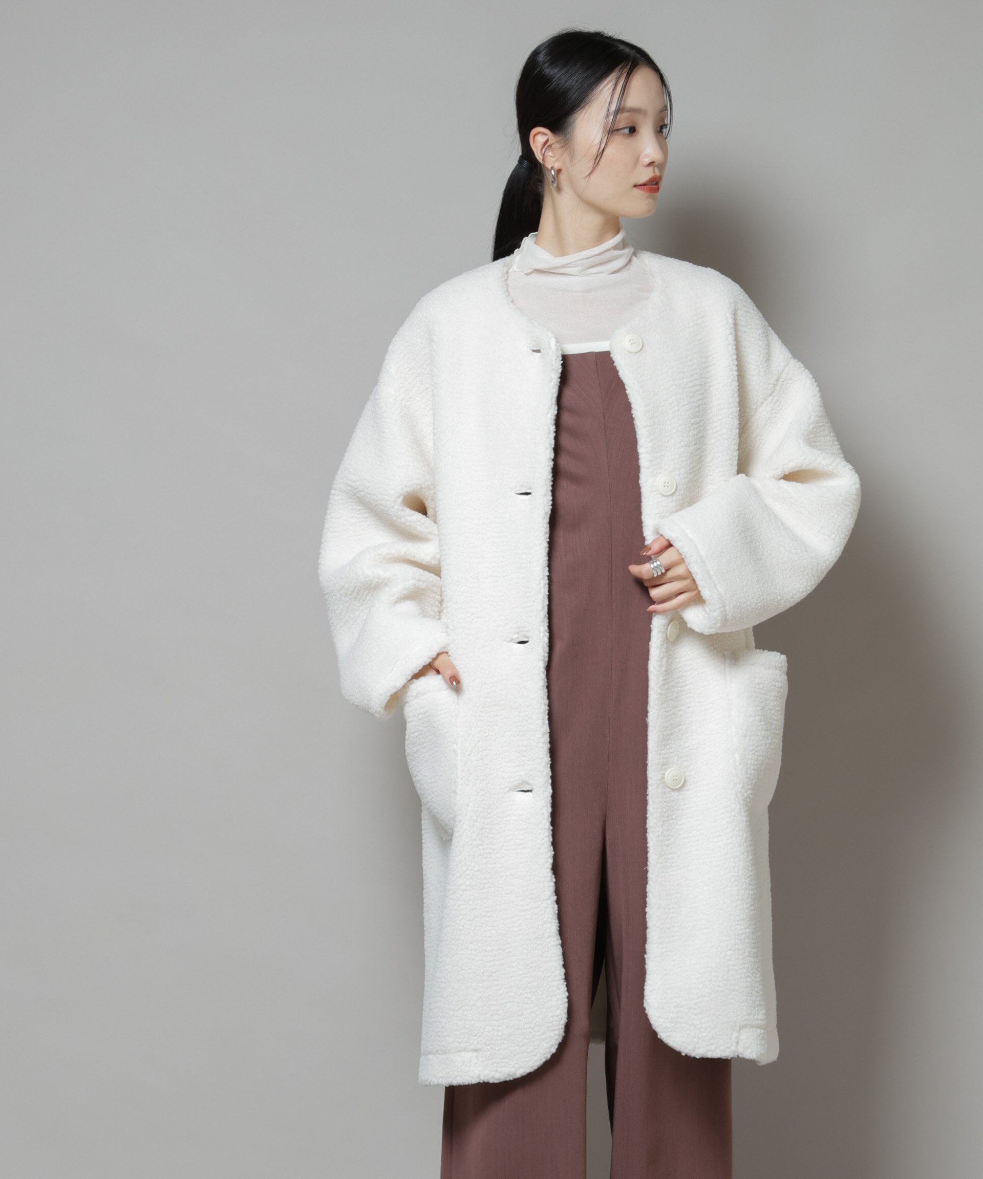 【ナノ ユニバース/nano universe】のソフトボアノーカラーコート インテリア・キッズ・メンズ・レディースファッション・服の通販 founy(ファニー) 　ファッション　Fashion　レディースファッション　Fashion for Women　アウター　Coat / Outerwear Collection　コート・ロングコート・ピーコート　Long Coats, Peacoats & More　インナー　Innerwear　ウォッシャブル　Machine Washable　ハイネック　High Neck, Mock Neck　パーカー　Hoodie, Parka　フロント　Front, Front Design　ポケット　Pocket, Pocket Detail　ロング　Long, Long-Length　A/W・秋冬　Autumn/Winter　アウトレット　Outlet / Clearance　おすすめ　Recommended / Our Picks　2025年　2025　2025-2026秋冬・A/W　Autumn/Winter 2025–26 AW25–26　アイボリー7|ID: prp329100004723226 ipo3291000000034284399