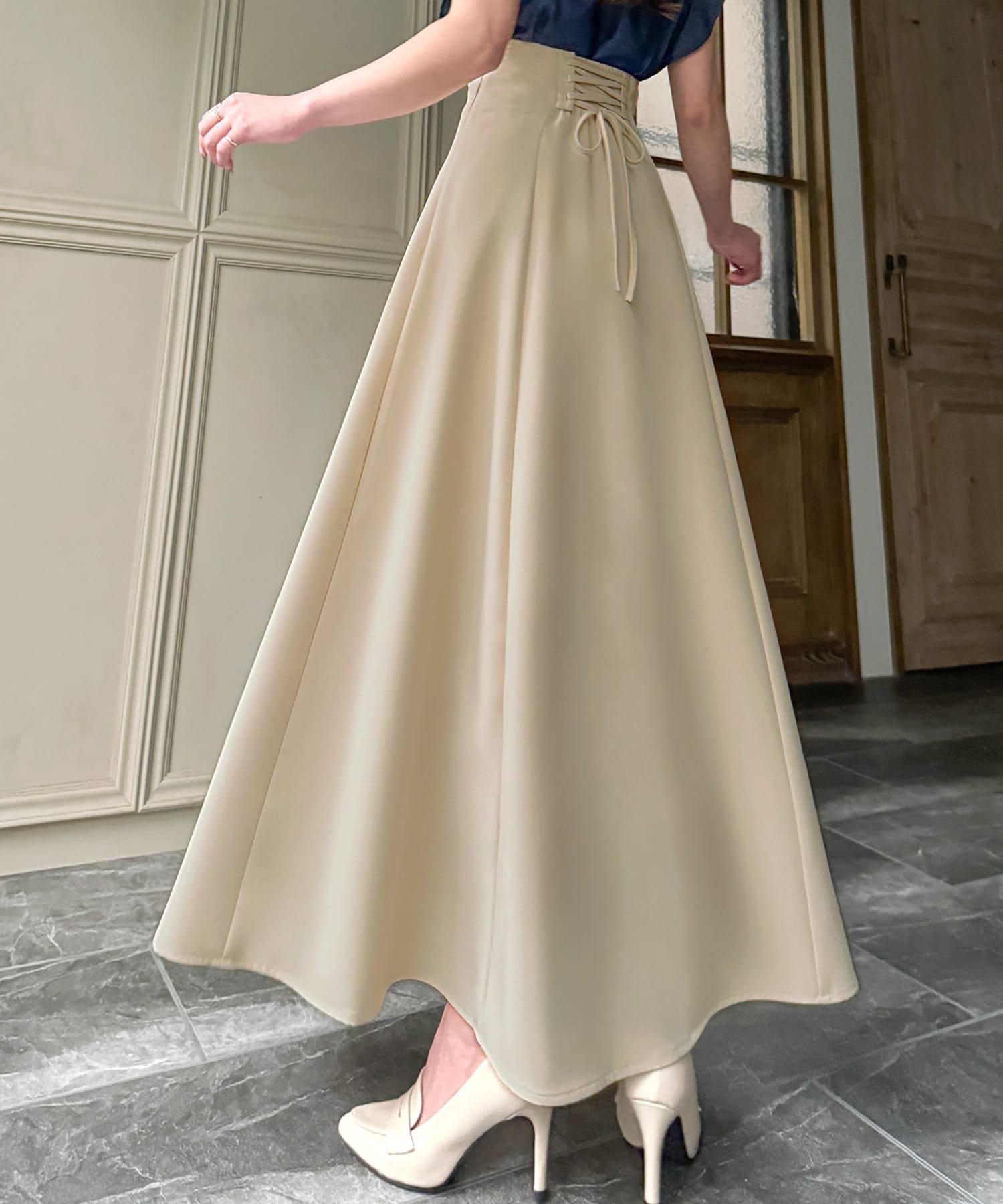 【ジュノア/JUNOAH】のハイウエストレースアップスカート/フレア インテリア・キッズ・メンズ・レディースファッション・服の通販 founy(ファニー) 　ファッション　Fashion　レディースファッション　Fashion for Women　スカート　Skirts　フレア　Flare, Flared　Bアイボリー|ID: prp329100004723302 ipo3291000000034651821