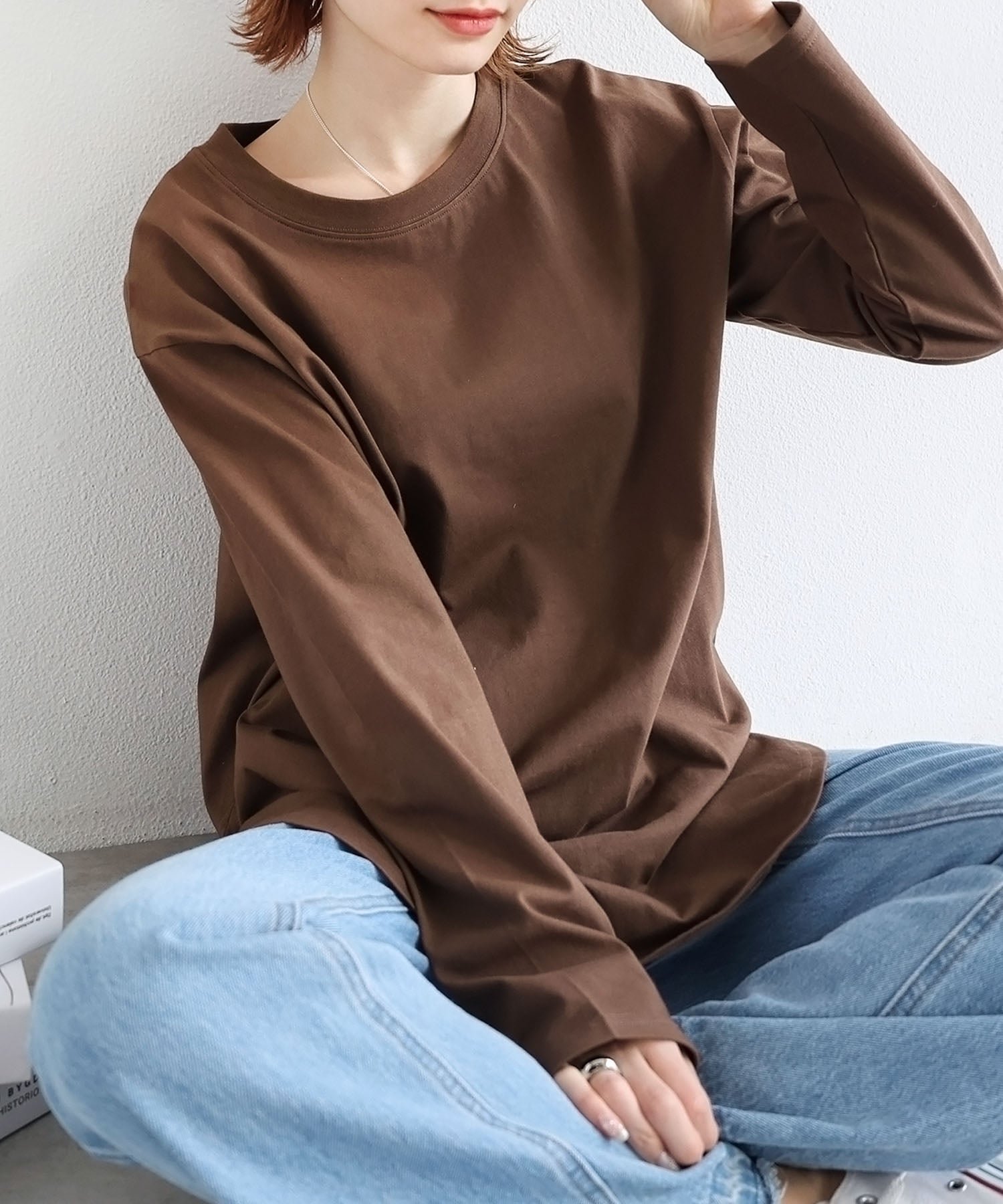 【アンドミー/andme】の汗染み防止加工 USAコットン 長袖 Tシャツ インテリア・キッズ・メンズ・レディースファッション・服の通販 founy(ファニー) 　ファッション　Fashion　レディースファッション　Fashion for Women　トップス・カットソー　Cut & Sew Tops　シャツ・ブラウス・オフィスカジュアル　Elegant Blouses & Button-Ups　ロングTシャツ・Tシャツ　Longline T-Shirts & Tees　カットソー　Cut and Sewn Top　ショルダー　Shoulder, Shoulder Strap　スウェット / スエット　Sweatshirt, Sweatwear　ドロップ　Drop Shoulder, Dropped Style　長袖　Long Sleeve, Full Sleeve　バランス　Balance, Style Balance　パーカー　Hoodie, Parka　ベーシック　Basic, Essential　ロング　Long, Long-Length　楽ちん　Easy Fit, Comfortable　ワイド　Wide, Wide Fit　おすすめ　Recommended / Our Picks　ブラウン|ID: prp329100004723486 ipo3291000000034226375
