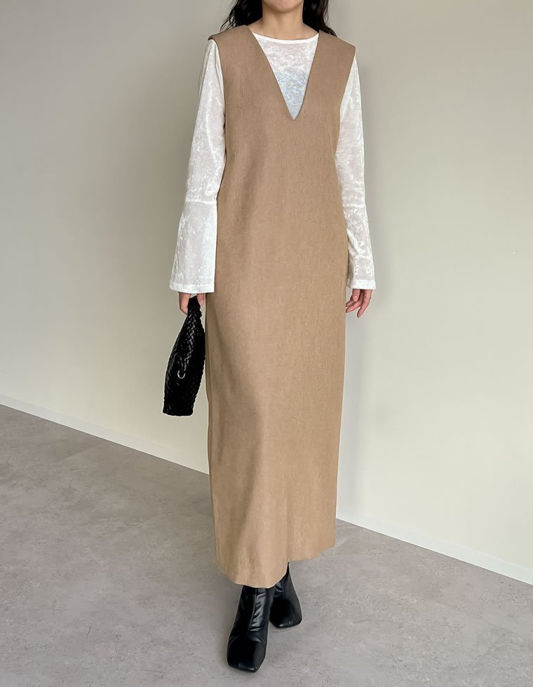 【リエディ/Re:EDIT】の微起毛ツイルVネックジャンパースカート インテリア・キッズ・メンズ・レディースファッション・服の通販 founy(ファニー) 　ファッション　Fashion　レディースファッション　Fashion for Women　スカート　Skirts　インナー　Innerwear　カットソー　Cut and Sewn Top　コンパクト　Compact, Small Size　シンプル　Simple, Minimal　ツイル　Twist, Twisted Detail　バランス　Balance, Style Balance　エレガント 上品　Elegant　モカベージュ|ID: prp329100004723489 ipo3291000000034600513