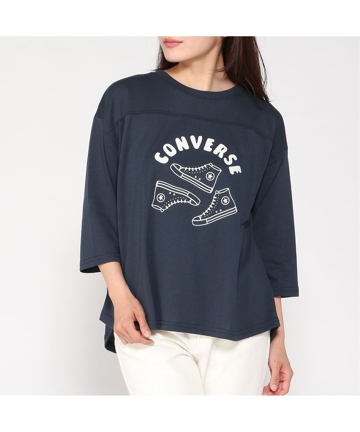 【ジーンズメイト/JEANS MATE】のCONVERSE/シューズ柄 クロップド袖 Tシャツ インテリア・キッズ・メンズ・レディースファッション・服の通販 founy(ファニー) 　ファッション　Fashion　レディースファッション　Fashion for Women　クロップド　Cropped, Short Length　シューズ　Shoes, Footwear　シンプル　Simple, Minimal　フロント　Front, Front Design　プリント　Print, Printed Pattern　切替　Switching, Contrast Panel　ネービー|ID: prp329100004723522 ipo3291000000034137584