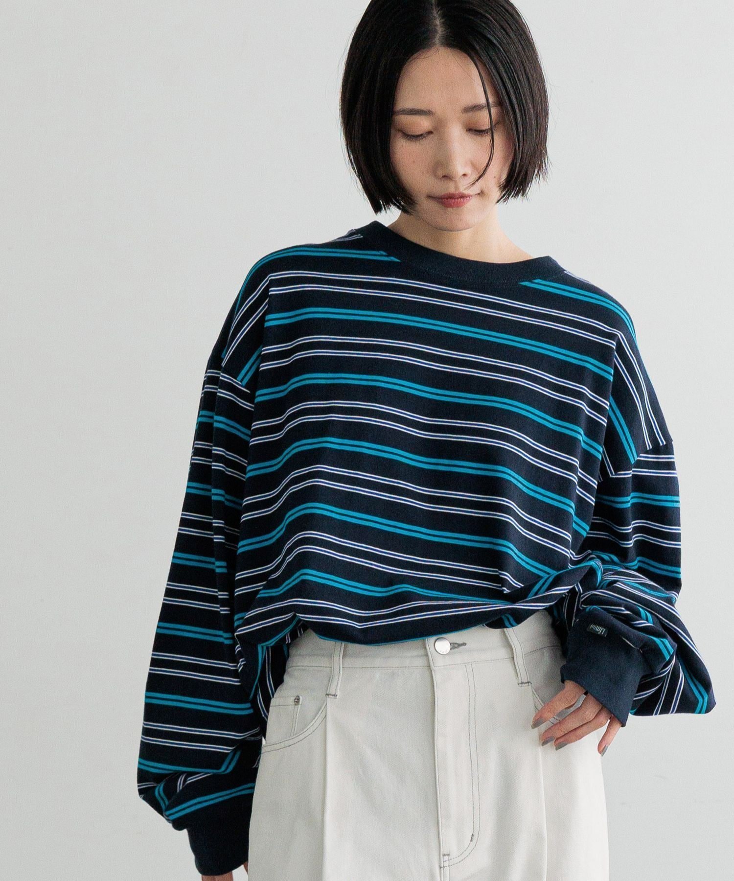 【ローリーズファーム/LOWRYS FARM】の【LFM】CREW NECK ボーダーT/LS【UNISEX】 インテリア・キッズ・メンズ・レディースファッション・服の通販 founy(ファニー) 　ファッション　Fashion　レディースファッション　Fashion for Women　ユニセックス　Unisex, Genderless　なめらか　Smooth, Silky Texture　スリーブ　Sleeve, Long Sleeve / Short Sleeve　ボーダー　Border, Stripe　ルーズ　Loose, Oversized　ロング　Long, Long-Length　ブルー85|ID: prp329100004723880 ipo3291000000035077608