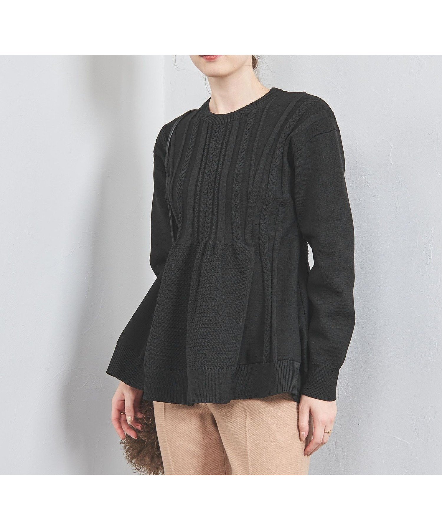 【ユナイテッドアローズ/UNITED ARROWS】のケーブル ペプラム ロングスリーブ ニット インテリア・キッズ・メンズ・レディースファッション・服の通販 founy(ファニー) 　ファッション　Fashion　レディースファッション　Fashion for Women　トップス・カットソー　Cut & Sew Tops　ニット　Knit Tops & Sweaters　スリム　Slim, Slim Fit　スリーブ　Sleeve, Long Sleeve / Short Sleeve　ペプラム　Peplum, Flared Hem　リラックス　Relax, Relaxed Fit　ロング　Long, Long-Length　ワイド　Wide, Wide Fit　アウトレット　Outlet / Clearance　おすすめ　Recommended / Our Picks　BLACK|ID: prp329100004724159 ipo3291000000034140224