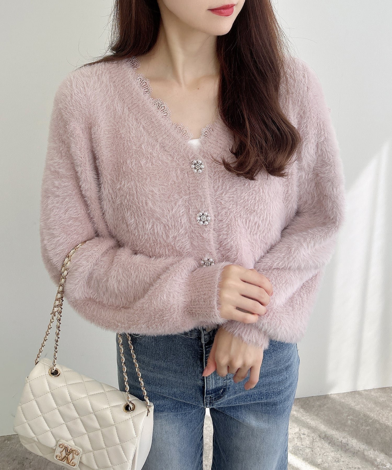 【イング/INGNI】の5Gレース付フェザーニットCD インテリア・キッズ・メンズ・レディースファッション・服の通販 founy(ファニー) ファッション Fashion レディースファッション Fashion for Women トップス・カットソー Cut & Sew Tops ニット Knit Tops & Sweaters カーディガン Cardigan, Knitwear ストーン Stone, Gem-Like スマホ Smartphone, Mobile Device フェザー Feather, Feather Detail ベーシック Basic, Essential レース Lace, Lace Fabric ピンク|ID: prp329100004724264 ipo3291000000034552759