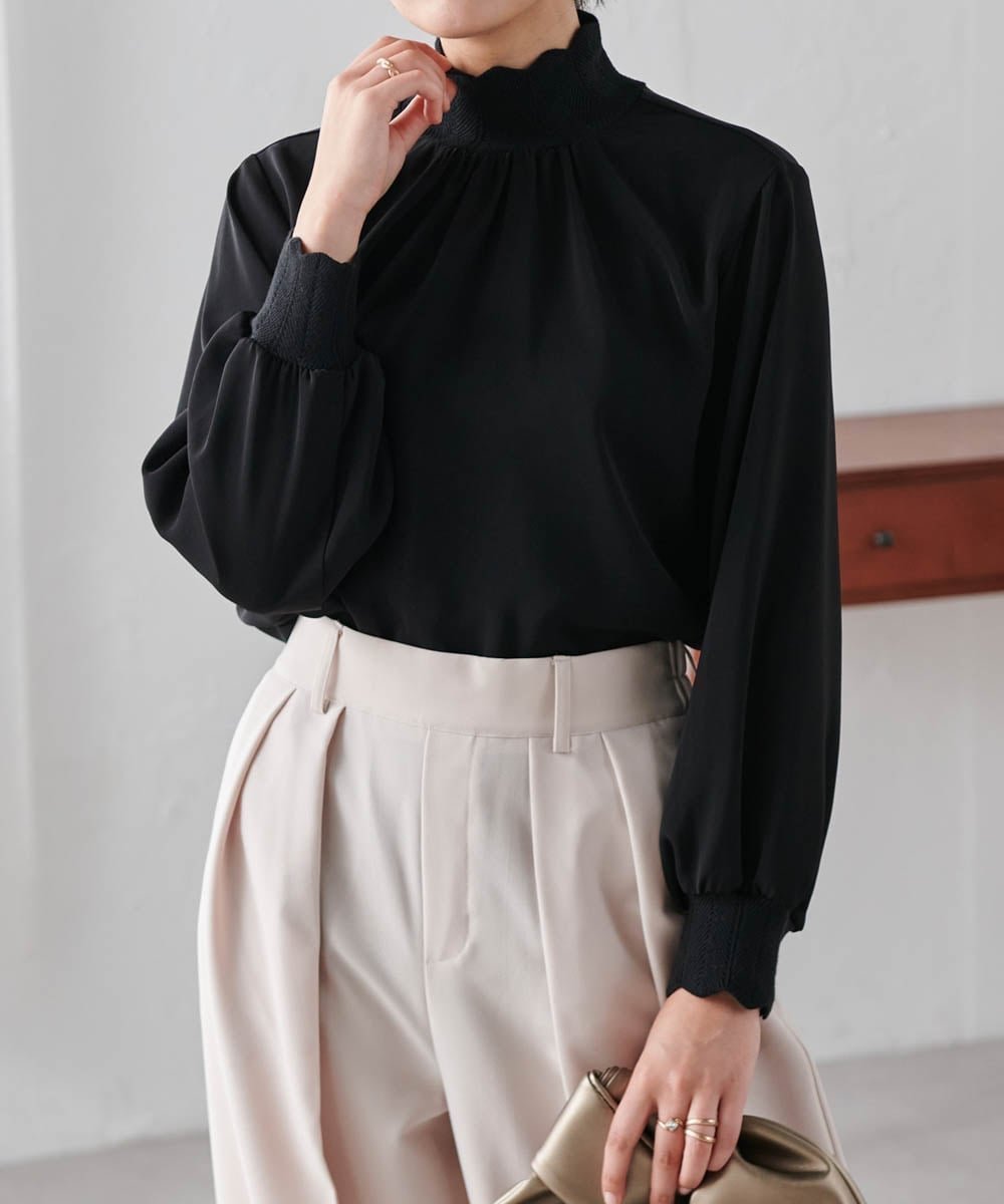【ラナン/Ranan】のRanan/スカラップリブニット使いブラウス インテリア・キッズ・メンズ・レディースファッション・服の通販 founy(ファニー) 　ファッション　Fashion　レディースファッション　Fashion for Women　トップス・カットソー　Cut & Sew Tops　ニット　Knit Tops & Sweaters　シャツ・ブラウス・オフィスカジュアル　Elegant Blouses & Button-Ups　ジャケット　Jacket, Outerwear　スカラップ　Scallop, Scalloped Edge　スリーブ　Sleeve, Long Sleeve / Short Sleeve　デニム　Denim, Jeans Material　ハイネック　High Neck, Mock Neck　エレガント 上品　Elegant　切替　Switching, Contrast Panel　ブラック|ID: prp329100004724630 ipo3291000000034142012