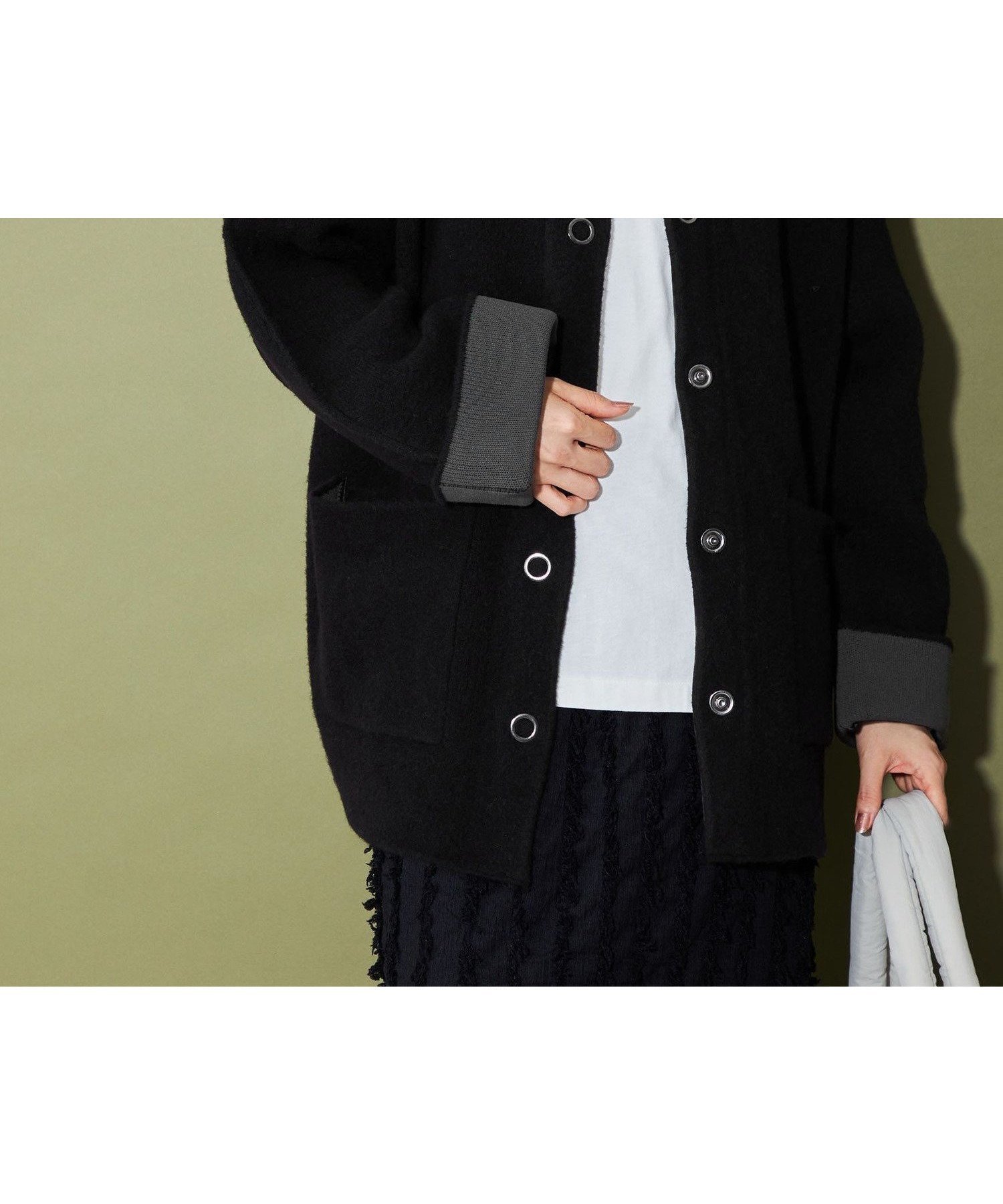 【シテン/CITEN】のCITEN ノーカラーニットコート インテリア・キッズ・メンズ・レディースファッション・服の通販 founy(ファニー) 　ファッション　Fashion　レディースファッション　Fashion for Women　アウター　Coat / Outerwear Collection　コート・ロングコート・ピーコート　Long Coats, Peacoats & More　カーディガン　Cardigan, Knitwear　ダブル　Double, Double-Breasted　デニム　Denim, Jeans Material　ドット　Polka Dot, Dot Pattern　フィット　Fit, Slim Fit　フェイス　Face, Facial Design　A/W・秋冬　Autumn/Winter　おすすめ　Recommended / Our Picks　BLACK|ID: prp329100004724703 ipo3291000000034142296