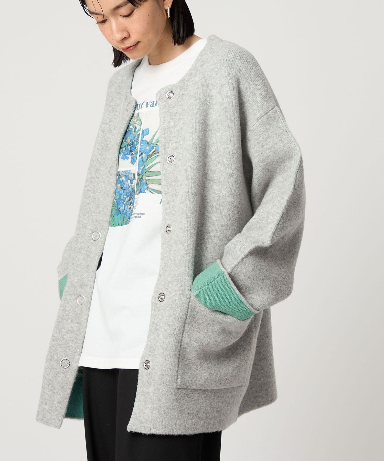 【シテン/CITEN】のCITEN ノーカラーニットコート インテリア・キッズ・メンズ・レディースファッション・服の通販 founy(ファニー) 　ファッション　Fashion　レディースファッション　Fashion for Women　アウター　Coat / Outerwear Collection　コート・ロングコート・ピーコート　Long Coats, Peacoats & More　カーディガン　Cardigan, Knitwear　ダブル　Double, Double-Breasted　デニム　Denim, Jeans Material　ドット　Polka Dot, Dot Pattern　フィット　Fit, Slim Fit　フェイス　Face, Facial Design　A/W・秋冬　Autumn/Winter　おすすめ　Recommended / Our Picks　LT.GRAY|ID: prp329100004724703 ipo3291000000034142297