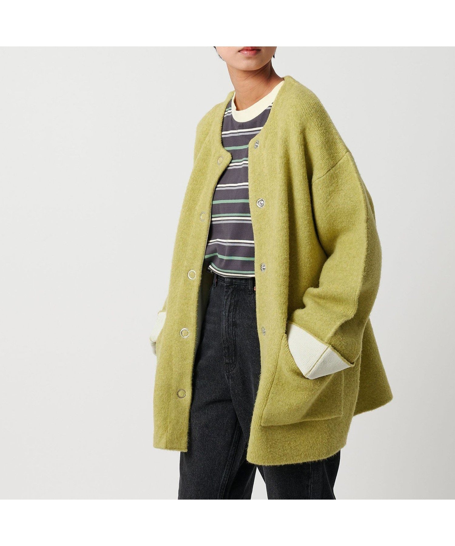 【シテン/CITEN】のCITEN ノーカラーニットコート インテリア・キッズ・メンズ・レディースファッション・服の通販 founy(ファニー) 　ファッション　Fashion　レディースファッション　Fashion for Women　アウター　Coat / Outerwear Collection　コート・ロングコート・ピーコート　Long Coats, Peacoats & More　カーディガン　Cardigan, Knitwear　ダブル　Double, Double-Breasted　デニム　Denim, Jeans Material　ドット　Polka Dot, Dot Pattern　フィット　Fit, Slim Fit　フェイス　Face, Facial Design　A/W・秋冬　Autumn/Winter　おすすめ　Recommended / Our Picks　LIME|ID: prp329100004724703 ipo3291000000034142299