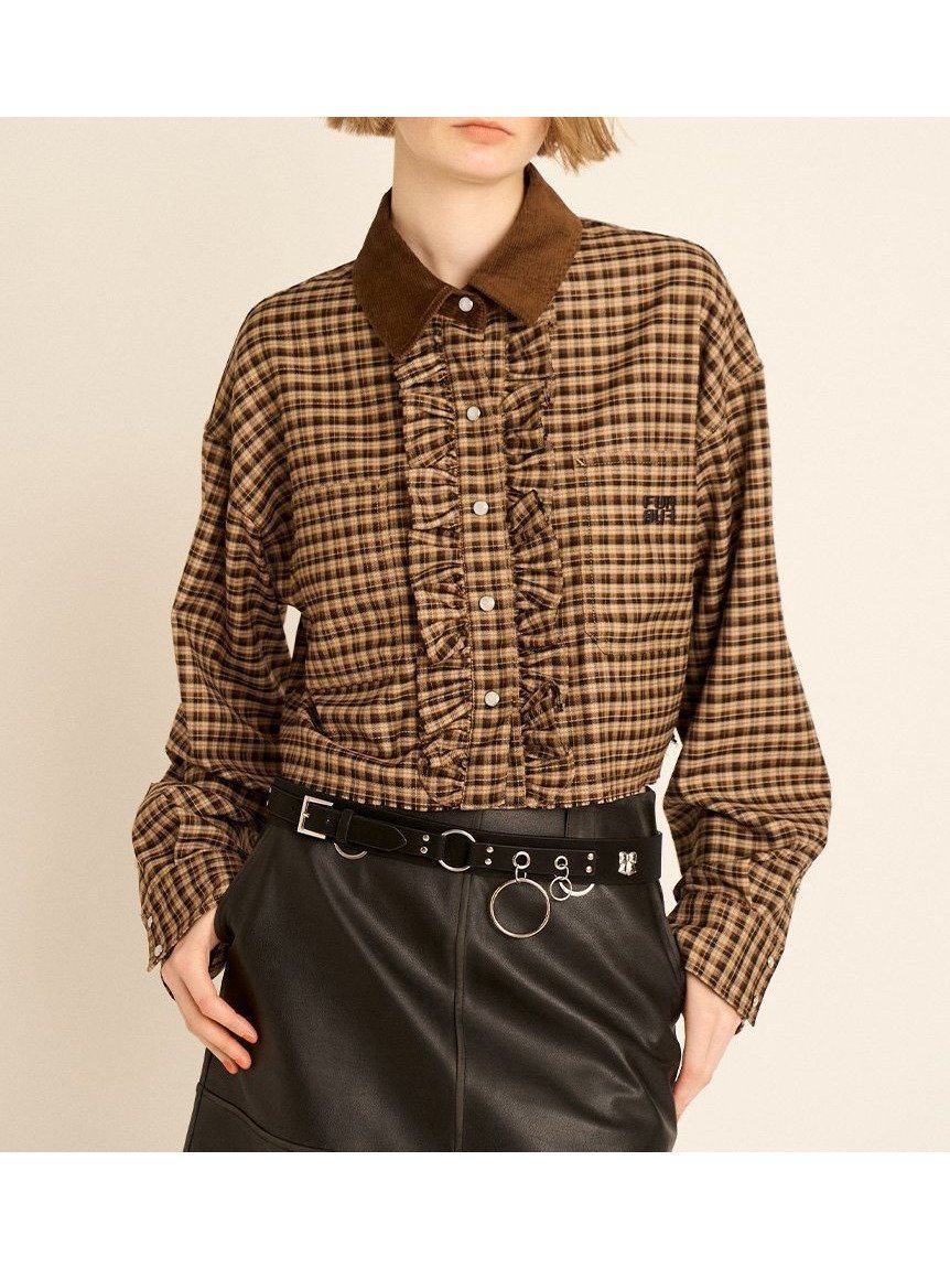 【ファーファー/FURFUR】のロゴ刺繍フリルシャツ インテリア・キッズ・メンズ・レディースファッション・服の通販 founy(ファニー) 　ファッション　Fashion　レディースファッション　Fashion for Women　トップス・カットソー　Cut & Sew Tops　シャツ・ブラウス・オフィスカジュアル　Elegant Blouses & Button-Ups　コーデュロイ　Corduroy, Cord Fabric　スマート　Smart, Elegant　チェック　Check, Plaid, Tartan　デニム　Denim, Jeans Material　トレンド　Trend, Trending Now　フェミニン　Feminine, Girly　フリル　Frill, Ruffle　BRW[058]|ID: prp329100004724741 ipo3291000000034522451