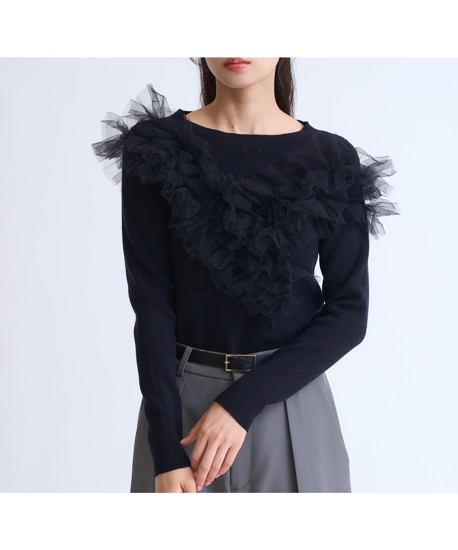 【ノエラ/Noela】のチュールフリルドッキングニット インテリア・キッズ・メンズ・レディースファッション・服の通販 founy(ファニー) 　ファッション　Fashion　レディースファッション　Fashion for Women　トップス・カットソー　Cut & Sew Tops　ニット　Knit Tops & Sweaters　アシンメトリー　Asymmetrical Style　インナー　Innerwear　ウォーム　Warm Fabric　タイトスカート　Pencil Skirt, Tight Skirt　バランス　Balance, Style Balance　ポケット　Pocket, Pocket Detail　リブニット　Rib Knit, Ribbed Knit　ブラック|ID: prp329100004725757 ipo3291000000034146972