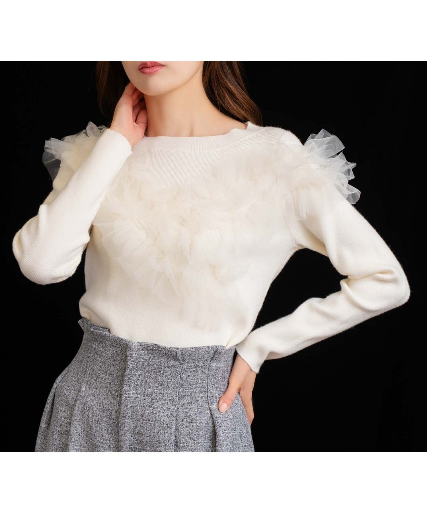 【ノエラ/Noela】のチュールフリルドッキングニット インテリア・キッズ・メンズ・レディースファッション・服の通販 founy(ファニー) 　ファッション　Fashion　レディースファッション　Fashion for Women　トップス・カットソー　Cut & Sew Tops　ニット　Knit Tops & Sweaters　アシンメトリー　Asymmetrical Style　インナー　Innerwear　ウォーム　Warm Fabric　タイトスカート　Pencil Skirt, Tight Skirt　バランス　Balance, Style Balance　ポケット　Pocket, Pocket Detail　リブニット　Rib Knit, Ribbed Knit　オフホワイト|ID: prp329100004725757 ipo3291000000034146974