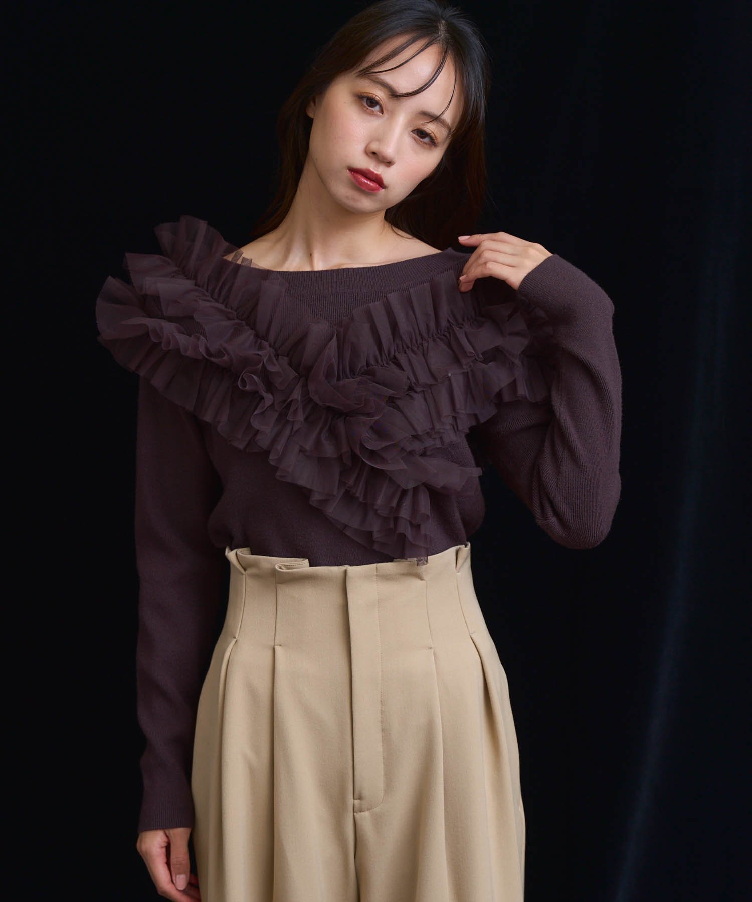 【ノエラ/Noela】のチュールフリルドッキングニット インテリア・キッズ・メンズ・レディースファッション・服の通販 founy(ファニー) 　ファッション　Fashion　レディースファッション　Fashion for Women　トップス・カットソー　Cut & Sew Tops　ニット　Knit Tops & Sweaters　アシンメトリー　Asymmetrical Style　インナー　Innerwear　ウォーム　Warm Fabric　タイトスカート　Pencil Skirt, Tight Skirt　バランス　Balance, Style Balance　ポケット　Pocket, Pocket Detail　リブニット　Rib Knit, Ribbed Knit　チャ|ID: prp329100004725757 ipo3291000000034146976