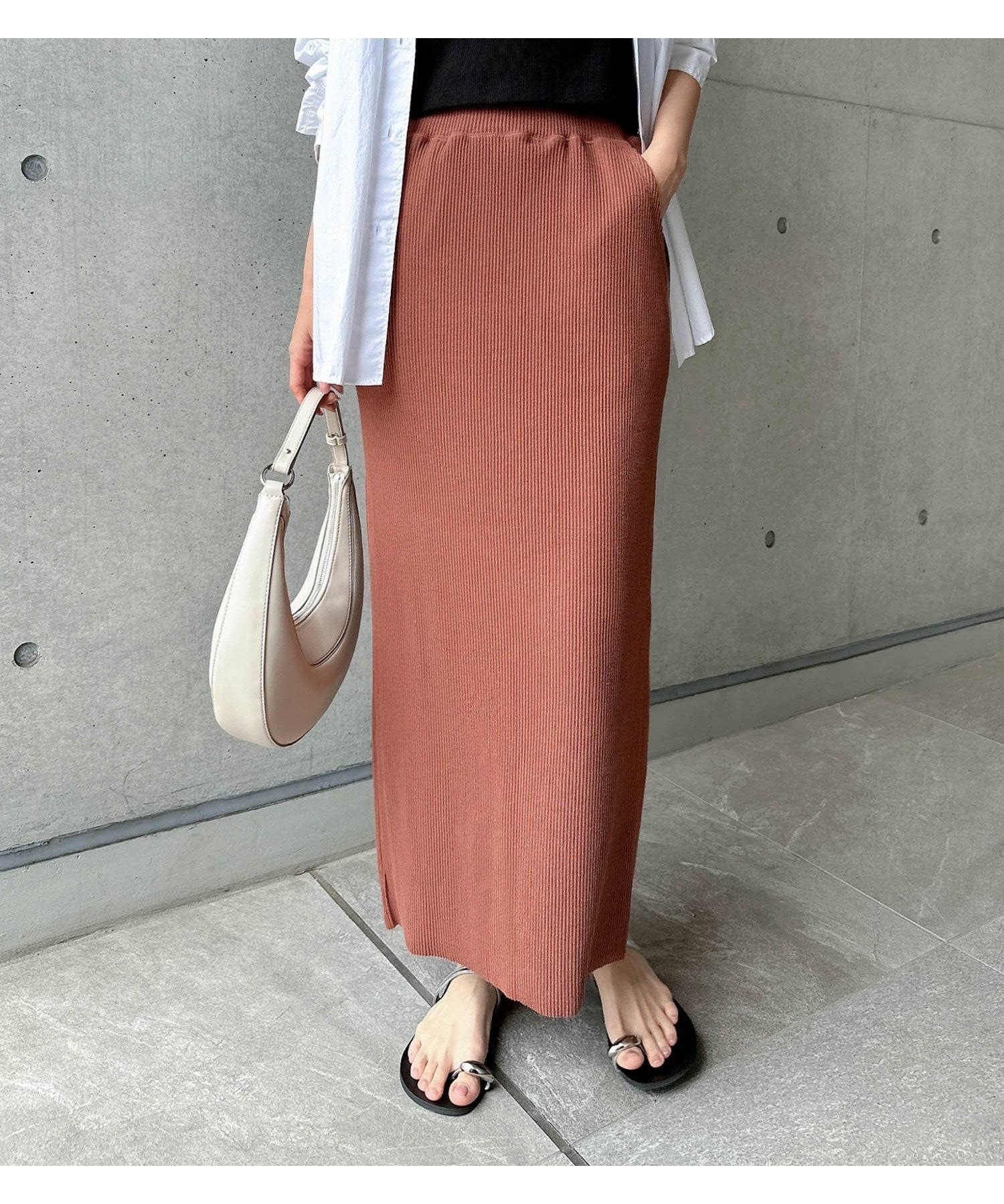【アンドミー/andme】のセルフカット リブ ロング タイトスカート インテリア・キッズ・メンズ・レディースファッション・服の通販 founy(ファニー) 　ファッション　Fashion　レディースファッション　Fashion for Women　スカート　Skirts　おすすめ　Recommended / Our Picks　スリット　Slit, Slit Detail　タイトスカート　Pencil Skirt, Tight Skirt　ポケット　Pocket, Pocket Detail　ロング　Long, Long-Length　楽ちん　Easy Fit, Comfortable　ピンクブラウン|ID: prp329100004726018 ipo3291000000035110890