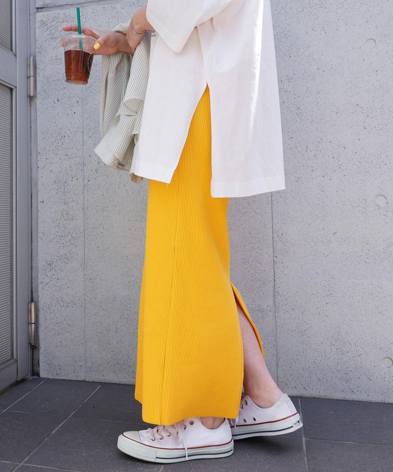 【アンドミー/andme】のセルフカット リブ ロング タイトスカート インテリア・キッズ・メンズ・レディースファッション・服の通販 founy(ファニー) 　ファッション　Fashion　レディースファッション　Fashion for Women　スカート　Skirts　おすすめ　Recommended / Our Picks　スリット　Slit, Slit Detail　タイトスカート　Pencil Skirt, Tight Skirt　ポケット　Pocket, Pocket Detail　ロング　Long, Long-Length　楽ちん　Easy Fit, Comfortable　イエロー|ID: prp329100004726018 ipo3291000000035110902