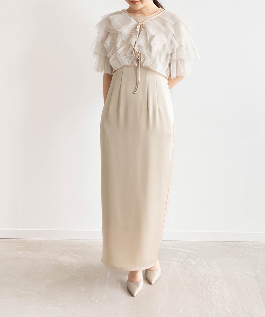 【ランダ/RANDA】のチュールフリルボレロセットワンピース インテリア・キッズ・メンズ・レディースファッション・服の通販 founy(ファニー) 　ファッション　Fashion　レディースファッション　Fashion for Women　アウター　Coat / Outerwear Collection　ボレロ・ショート丈ジャケット / ドレス羽織りに　Boleros & Short Jackets　サテン　Satin, Glossy Fabric　シアー　Sheer, See-Through　シャーリング　Shirring, Ruched　スリット　Slit, Slit Detail　チュール　Tulip, Tulip Motif　トレンド　Trend, Trending Now　ドレス　Dress, One-Piece　フェミニン　Feminine, Girly　フリル　Frill, Ruffle　ボレロ　Bolero, Short Cardigan　ポケット　Pocket, Pocket Detail　ラグジュアリー　Luxury, Elegant　おすすめ　Recommended / Our Picks　エレガント 上品　Elegant　結婚式　Wedding　二次会　After Party　BEIGE|ID: prp329100004726328 ipo3291000000034149237