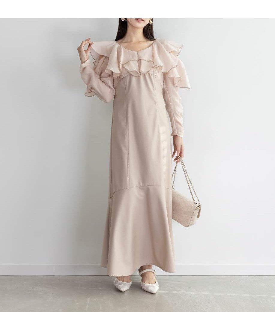 【ランダ/RANDA】の2WAYオープンラッフルショルダーワンピース インテリア・キッズ・メンズ・レディースファッション・服の通販 founy(ファニー) 　ファッション　Fashion　レディースファッション　Fashion for Women　ワンピース　Dresses　ギャザー　Gathered, Ruffled　シューズ　Shoes, Footwear　ショルダー　Shoulder, Shoulder Strap　スリーブ　Sleeve, Long Sleeve / Short Sleeve　デコルテ　Décolleté, Neckline　フィット　Fit, Slim Fit　マーメイド　Mermaid, Fishtail Silhouette　リボン　Ribbon, Bow　ロング　Long, Long-Length　エレガント 上品　Elegant　春　Spring　PINK|ID: prp329100004726344 ipo3291000000034149300