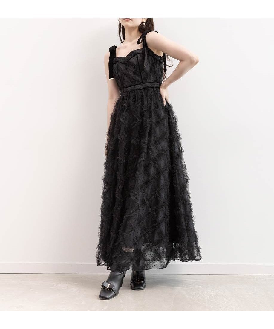 【ランダ/RANDA】のドットチュールデザインワンピース インテリア・キッズ・メンズ・レディースファッション・服の通販 founy(ファニー) 　ファッション　Fashion　レディースファッション　Fashion for Women　ワンピース　Dresses　インナー　Innerwear　カーディガン　Cardigan, Knitwear　シャーリング　Shirring, Ruched　チュール　Tulip, Tulip Motif　ドット　Polka Dot, Dot Pattern　フィット　Fit, Slim Fit　フリル　Frill, Ruffle　フレア　Flare, Flared　ベロア　Velour, Soft Velvet　リボン　Ribbon, Bow　BLACK|ID: prp329100004726427 ipo3291000000034184070