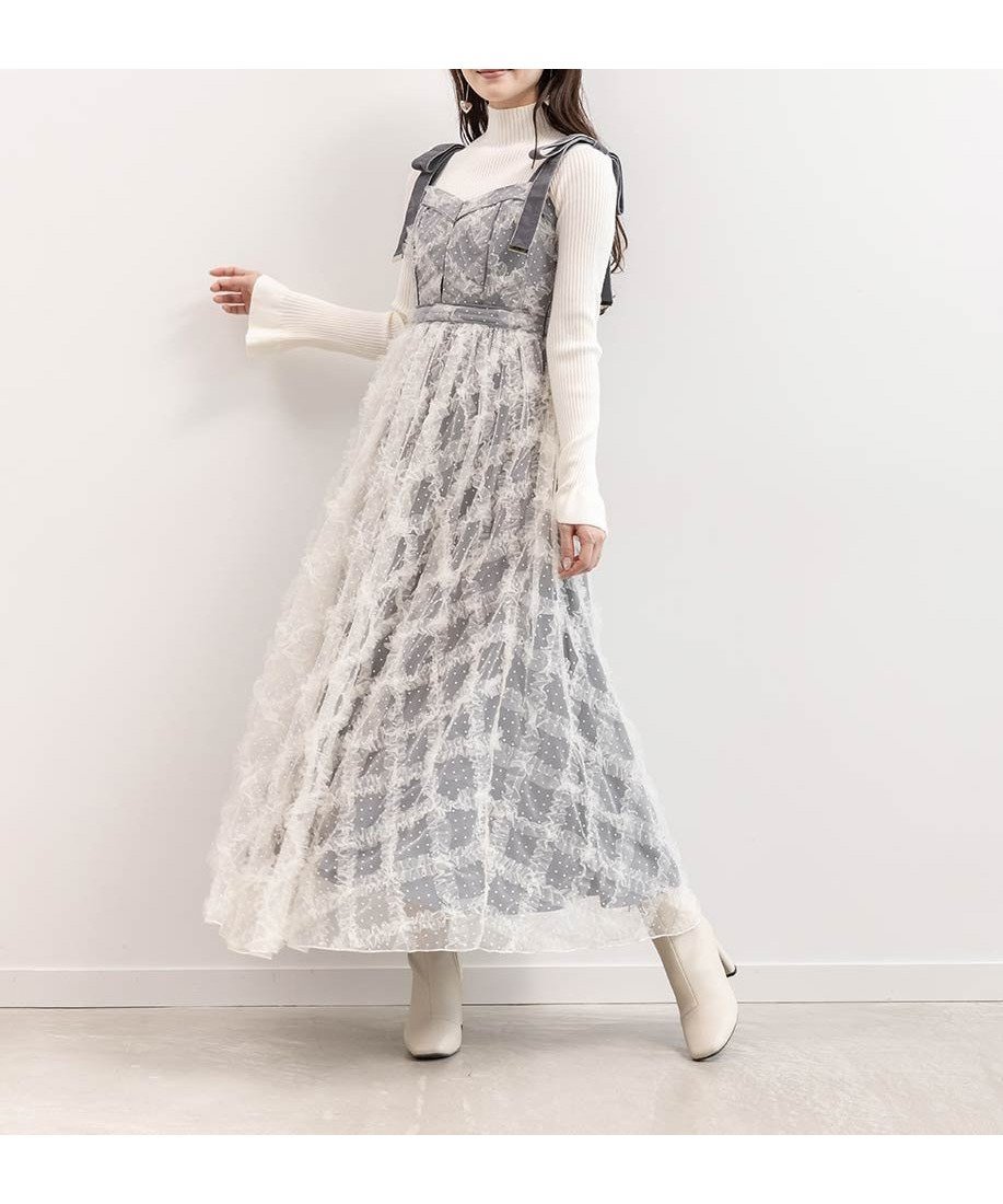 【ランダ/RANDA】のドットチュールデザインワンピース インテリア・キッズ・メンズ・レディースファッション・服の通販 founy(ファニー) 　ファッション　Fashion　レディースファッション　Fashion for Women　ワンピース　Dresses　インナー　Innerwear　カーディガン　Cardigan, Knitwear　シャーリング　Shirring, Ruched　チュール　Tulip, Tulip Motif　ドット　Polka Dot, Dot Pattern　フィット　Fit, Slim Fit　フリル　Frill, Ruffle　フレア　Flare, Flared　ベロア　Velour, Soft Velvet　リボン　Ribbon, Bow　GRAY|ID: prp329100004726427 ipo3291000000034184072