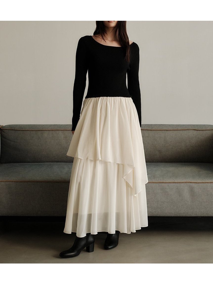 【フレイ アイディー/FRAY I.D】のニットドッキングワンピース インテリア・キッズ・メンズ・レディースファッション・服の通販 founy(ファニー) 　ファッション　Fashion　レディースファッション　Fashion for Women　ワンピース　Dresses　アクセサリー　Fashion Accessories　アシンメトリー　Asymmetrical Style　オーガンジー　Organza Fabric　サテン　Satin, Glossy Fabric　スマート　Smart, Elegant　ドッキング　Docking, Mixed Material　フロント　Front, Front Design　リブニット　Rib Knit, Ribbed Knit　リボン　Ribbon, Bow　BLK[009]|ID: prp329100004726435 ipo3291000000034510012