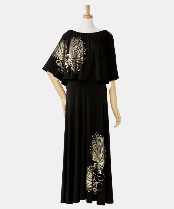 【アミナコレクション/Amina Collection】の【マウナロア】レフアケープ フレアーワンピース インテリア・キッズ・メンズ・レディースファッション・服の通販 founy(ファニー) 　ファッション　Fashion　レディースファッション　Fashion for Women　ワンピース　Dresses　ショルダー　Shoulder, Shoulder Strap　シルク　Silk, 100% Silk　ドレープ　Drape, Draping Fabric　フィット　Fit, Slim Fit　フリル　Frill, Ruffle　プリント　Print, Printed Pattern　ブラック|ID: prp329100004726443 ipo3291000000034588064