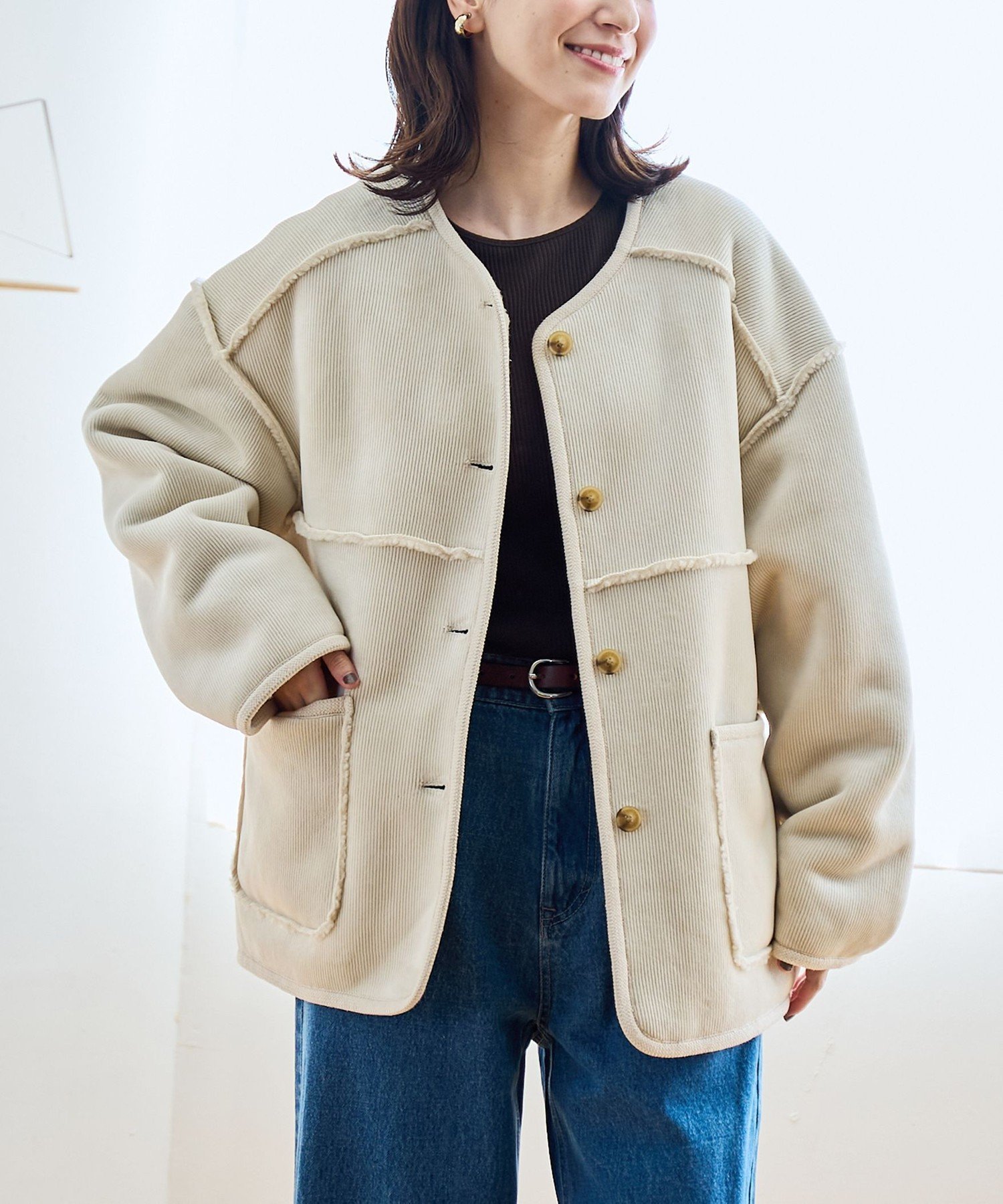 【コーエン/COEN】のリバーシブル ノーカラーコーデュロイブルゾン インテリア・キッズ・メンズ・レディースファッション・服の通販 founy(ファニー) 　ファッション　Fashion　レディースファッション　Fashion for Women　アウター　Coat / Outerwear Collection　ブルゾンジャケット・スポーティアウター　Blouson Jackets　ストール　Stole, Wrap　ポケット　Pocket, Pocket Detail　リバーシブル　Reversible, Two-Sided　NATURAL|ID: prp329100004726449 ipo3291000000034501838