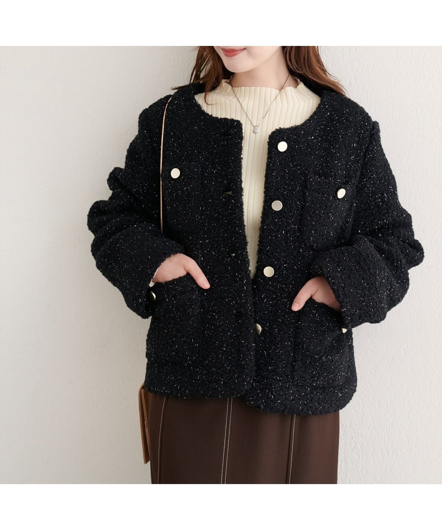 【ナチュラルクチュール/natural couture】のラメリングボアノーカラージャケット インテリア・キッズ・メンズ・レディースファッション・服の通販 founy(ファニー) ファッション Fashion レディースファッション Fashion for Women アウター Coat / Outerwear Collection レディースジャケット・軽アウター Jackets ノーカラージャケット / シンプル上品コーデ Collarless Jackets インナー Innerwear カットソー Cut and Sewn Top ジャケット Jacket, Outerwear スニーカー Sneakers, Trainers タイトスカート Pencil Skirt, Tight Skirt タートルネック Turtleneck, High Neck デニム Denim, Jeans Material フェミニン Feminine, Girly フォーマル Formal, Dressy フロント Front, Front Design リュクス Luxury, Elegant, High-End, Chic リラックス Relax, Relaxed Fit 再入荷 Restock / Back in Stock おすすめ Recommended / Our Picks エレガント 上品 Elegant 2025年 2025 2025-2026秋冬・A/W Autumn/Winter 2025–26 AW25–26 ブラック|ID: prp329100004726821 ipo3291000000034516524
