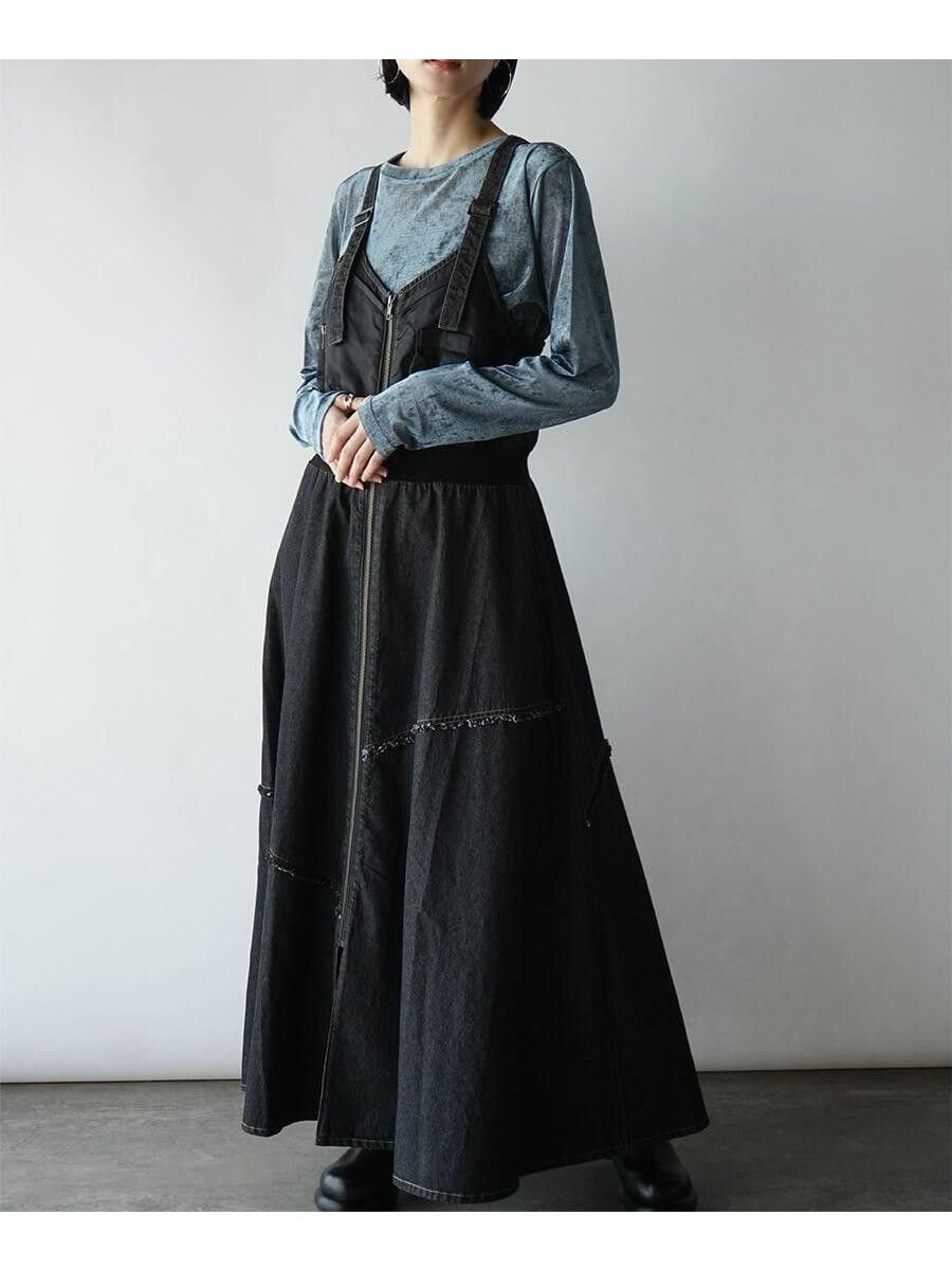 【ラシュッド/LASUD】のフロントジップデニムジャンパースカート インテリア・キッズ・メンズ・レディースファッション・服の通販 founy(ファニー) 　ファッション　Fashion　レディースファッション　Fashion for Women　スカート　Skirts　デニム　Denim, Jeans Material　ドッキング　Docking, Mixed Material　フレア　Flare, Flared　エレガント 上品　Elegant　ブラック|ID: prp329100004726885 ipo3291000000035049549