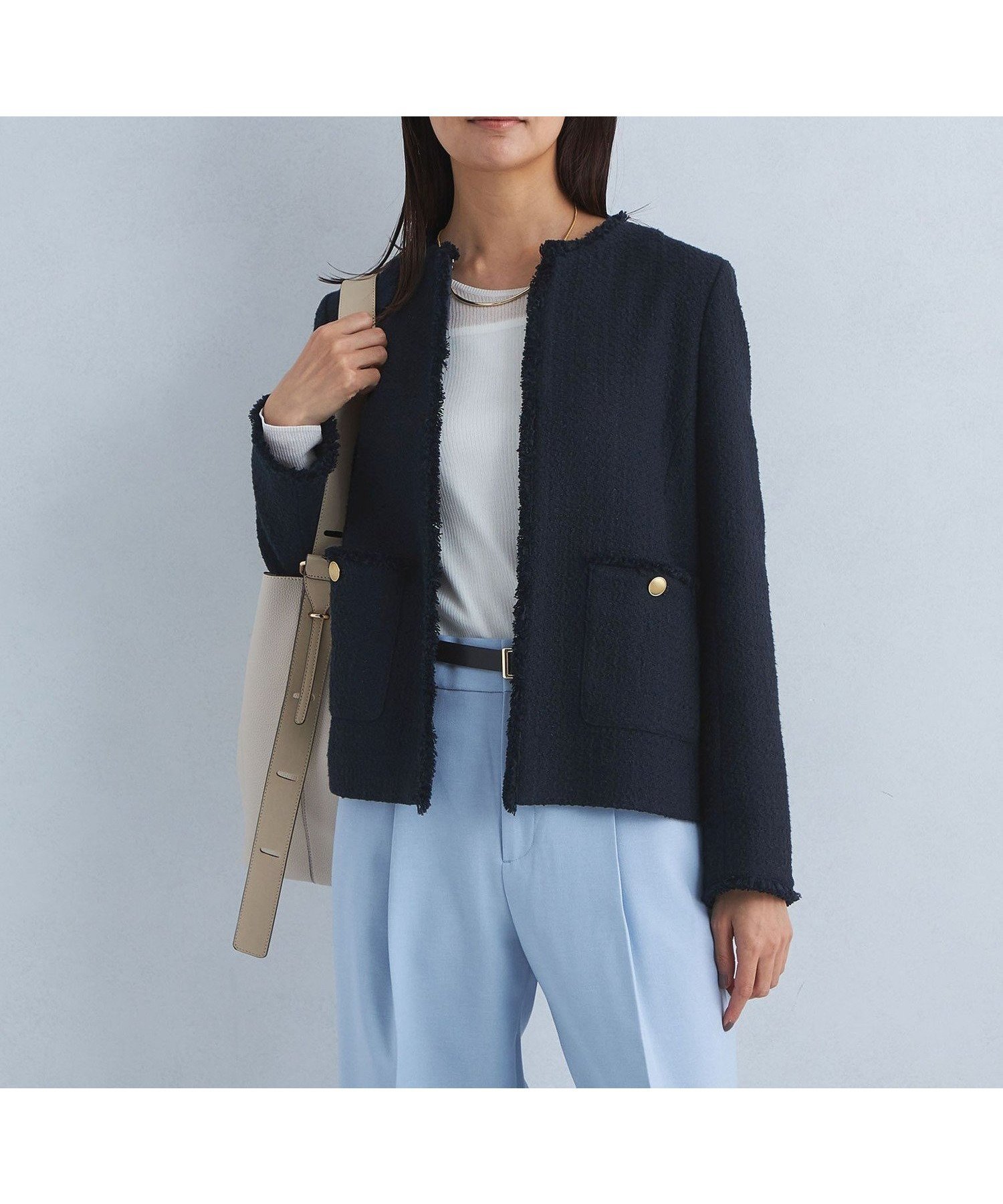 【ユナイテッドアローズ/UNITED ARROWS】のツイードライク ノーカラー ジャケット インテリア・キッズ・メンズ・レディースファッション・服の通販 founy(ファニー) 　ファッション　Fashion　レディースファッション　Fashion for Women　アウター　Coat / Outerwear Collection　レディースジャケット・軽アウター　Jackets　ノーカラージャケット / シンプル上品コーデ　Collarless Jackets　オケージョン　Occasion Wear　シェイプ　Shape, Slim Fit　ジャケット　Jacket, Outerwear　セットアップ　Set-Up, Coordinated Outfit　フォーマル　Formal, Dressy　フロント　Front, Front Design　ポケット　Pocket, Pocket Detail　アウトレット　Outlet / Clearance　おすすめ　Recommended / Our Picks　エレガント 上品　Elegant　セレモニー　Ceremony　入学式　Entrance Ceremony　卒業式　Graduation Ceremony　ビジネス 仕事 通勤　Business / Work / Commuting　NAVY|ID: prp329100004726908 ipo3291000000034501088