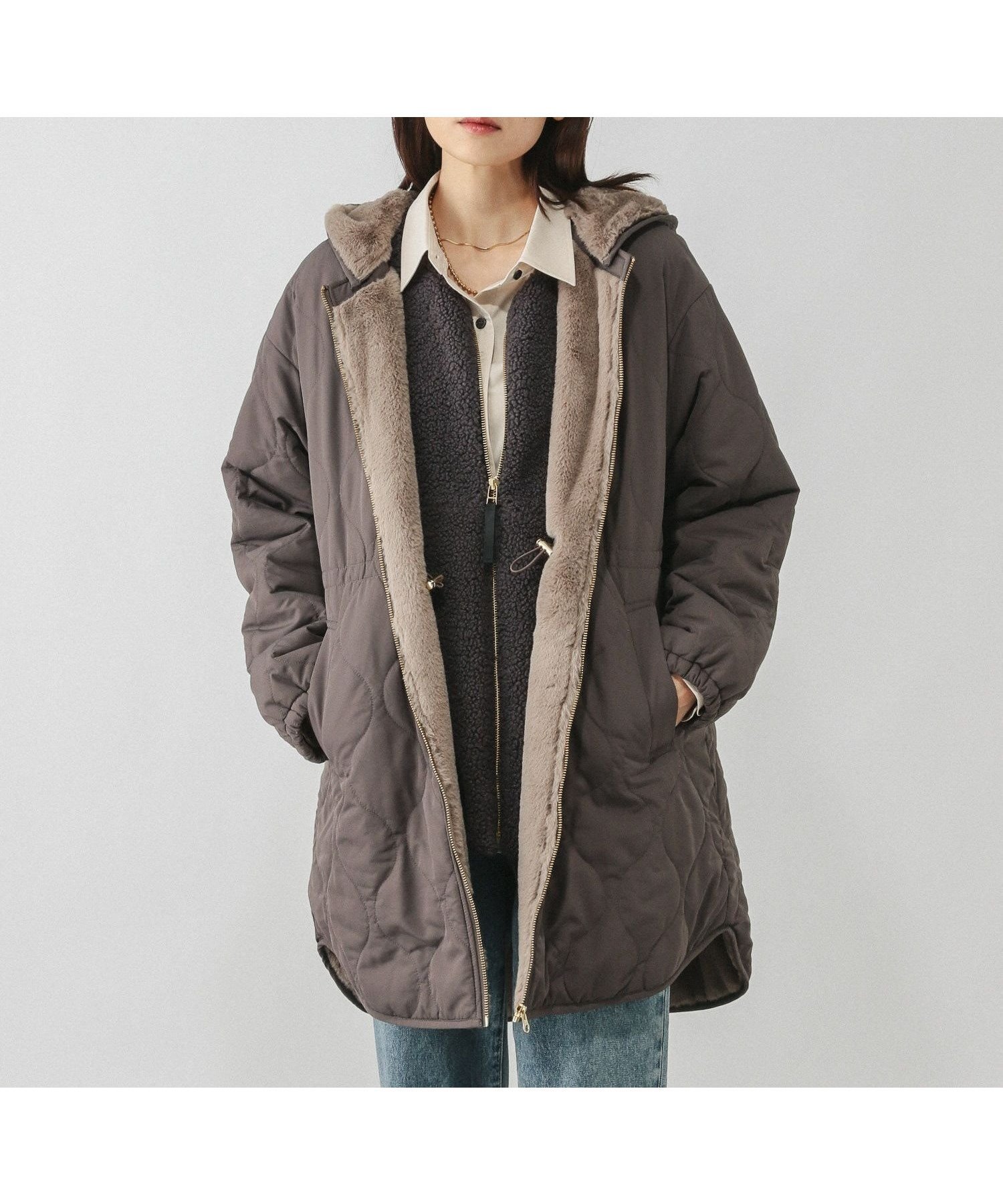 【グローバルワーク/GLOBAL WORK】の撥水キルトファーコート/499671 インテリア・キッズ・メンズ・レディースファッション・服の通販 founy(ファニー) 　ファッション　Fashion　レディースファッション　Fashion for Women　アウター　Coat / Outerwear Collection　コート・ロングコート・ピーコート　Long Coats, Peacoats & More　おすすめ　Recommended / Our Picks　インナー　Innerwear　キルト　Quilt, Quilted Fabric　軽量　Lightweight, Ultra Light　モカ56|ID: prp329100004726959 ipo3291000000034467635