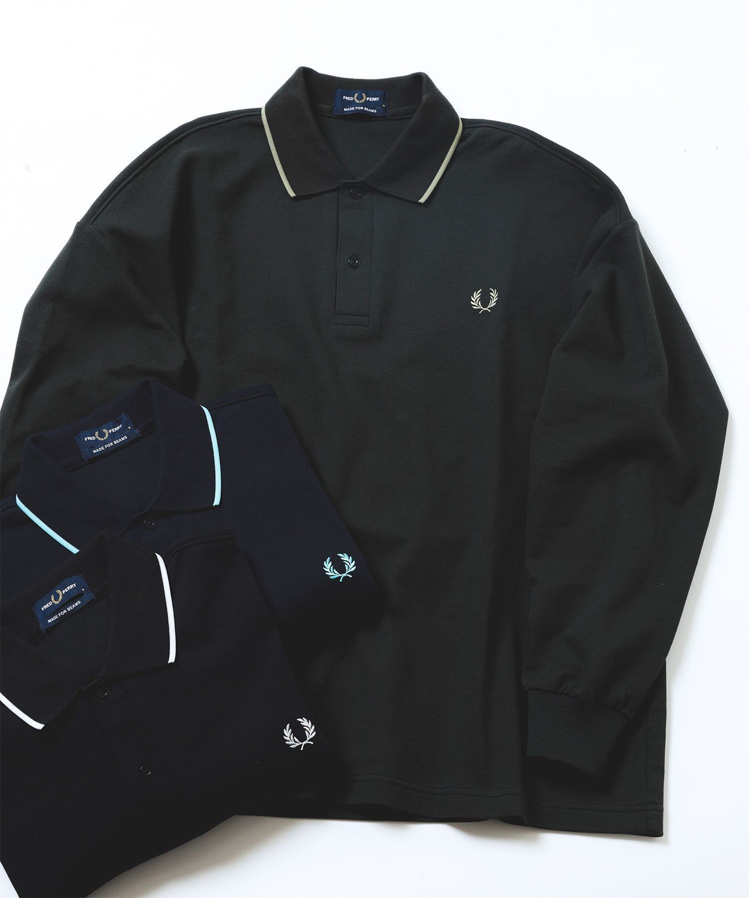 【ビームス/BEAMS / MEN】の【別注/長袖/ポロ】FRED PERRY / SINGLE TIP RELAX PIQUE TEXTURE SHIRT 25AW ポロシャツ ピケテクスチャーシャツ メンズ ユニセックス インテリア・キッズ・メンズ・レディースファッション・服の通販 founy(ファニー) 　ファッション　Fashion　メンズファッション　Fashion for Men　エンブロイダリー　Embroidery Design　カーディガン　Cardigan, Knitwear　クラシック　Classic, Timeless Style　鹿の子　Piqué, Kanoko Fabric　シンプル　Simple, Minimal　ジップ　Zip, Zipper　ジャケット　Jacket, Outerwear　スウェット / スエット　Sweatshirt, Sweatwear　スリーブ　Sleeve, Long Sleeve / Short Sleeve　トレンド　Trend, Trending Now　定番　Standard, Basic Item　人気　Popular, Best Seller　長袖　Long Sleeve, Full Sleeve　バランス　Balance, Style Balance　ビッグ　Big, Oversized　ベスト　Vest, Waistcoat　ポロシャツ　Polo Shirt, Collared Tee　別注　Limited Edition, Custom Order　メンズ　Men's, Menswear　モダン　Modern, Contemporary　リラックス　Relax, Relaxed Fit　ロング　Long, Long-Length　ロンドン　London Style, British Inspired　A/W・秋冬　Autumn/Winter　エレガント 上品　Elegant　2025年　2025　2025-2026秋冬・A/W　Autumn/Winter 2025–26 AW25–26　GREEN/OLIVE|ID: prp329100004727146 ipo3291000000034604119