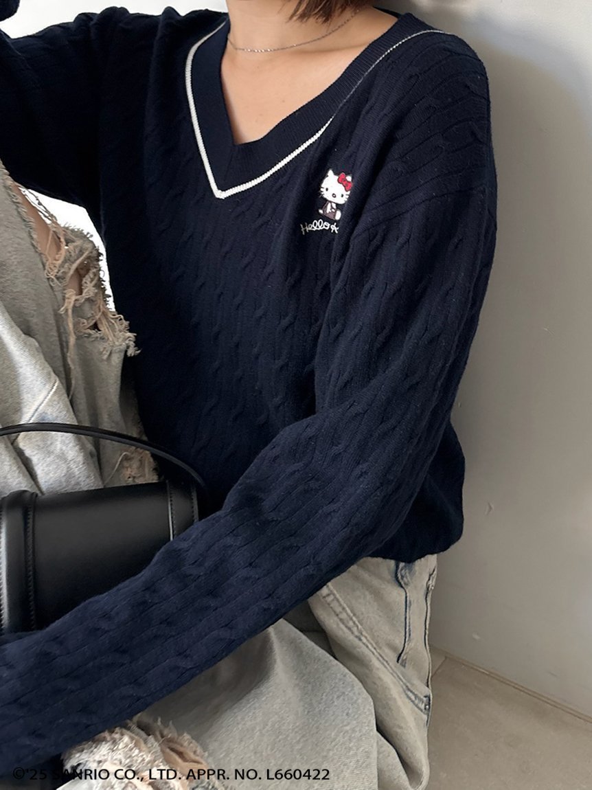 【スナイデル/SNIDEL】の【HELLO KITTY】ケーブルプルオーバー インテリア・キッズ・メンズ・レディースファッション・服の通販 founy(ファニー) 　ファッション　Fashion　レディースファッション　Fashion for Women　トップス・カットソー　Cut & Sew Tops　カジュアルプルオーバー・ニットトップス　Pullovers & Knit Tops / Casual Pullovers　今季　This Season, Current Season　ストレート　Straight, Straight Cut　スペシャル　Special, Limited Edition　スマート　Smart, Elegant　トレンド　Trend, Trending Now　リボン　Ribbon, Bow　ワンポイント　One Point, Statement Accent　おすすめ　Recommended / Our Picks　NVY[089]|ID: prp329100004727185 ipo3291000000034152347