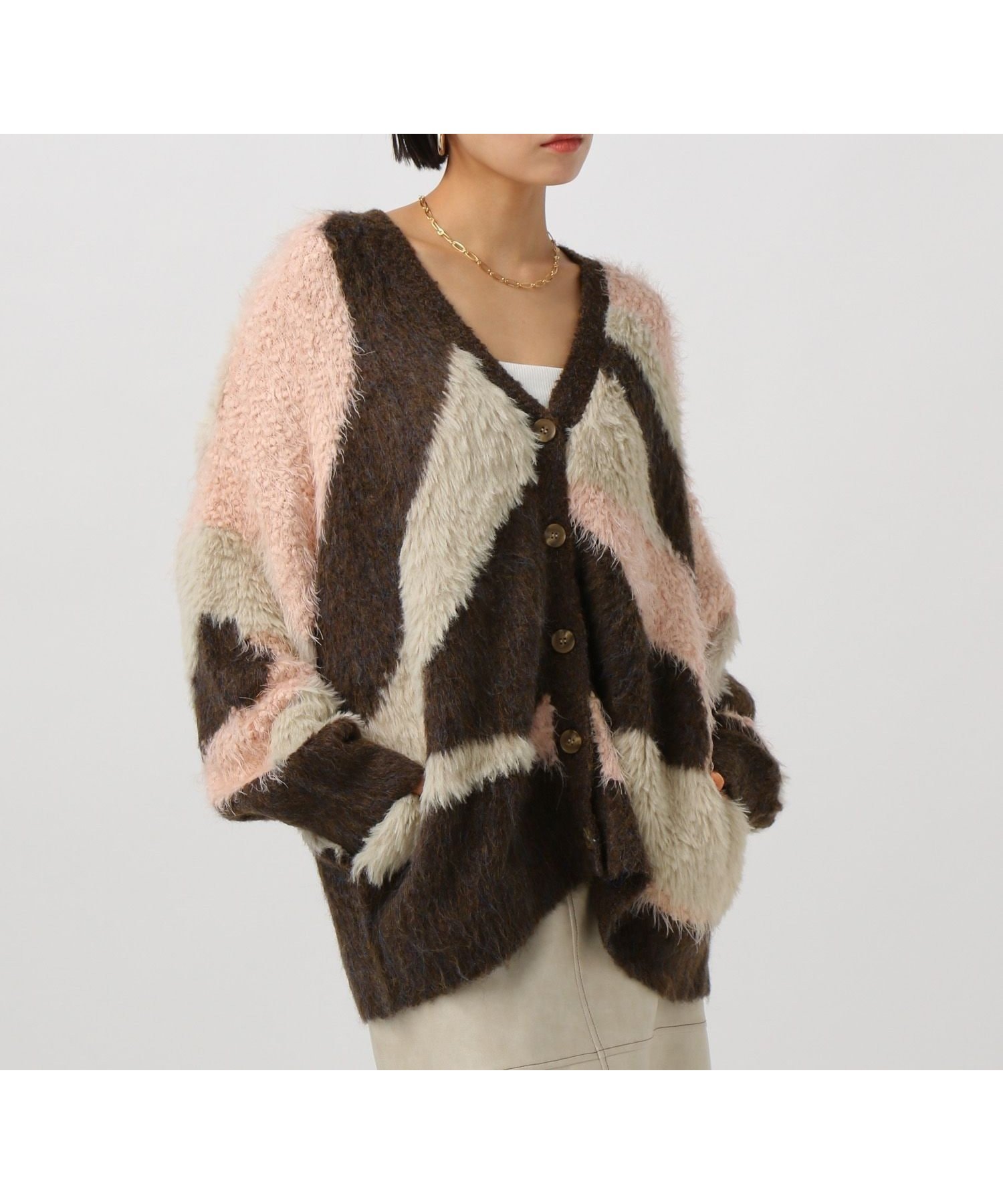 【ベイフロー/BAYFLOW】の素材を新たに登場!! ニュアンスパターンカーディガン インテリア・キッズ・メンズ・レディースファッション・服の通販 founy(ファニー) 　ファッション　Fashion　レディースファッション　Fashion for Women　トップス・カットソー　Cut & Sew Tops　カーディガン・羽織り　Layered Style Cardigans　おすすめ　Recommended / Our Picks　イエロー　Yellow　カーディガン　Cardigan, Knitwear　シンプル　Simple, Minimal　パターン　Pattern, Design Print　パッチワーク　Patchwork, Mixed Fabric　フェザーヤーン　Feather Yarn, Fluffy Yarn　モコモコ　Fuzzy, Fluffy　今季　This Season, Current Season　【WEB限定】ピンク20|ID: prp329100004727311 ipo3291000000034522821