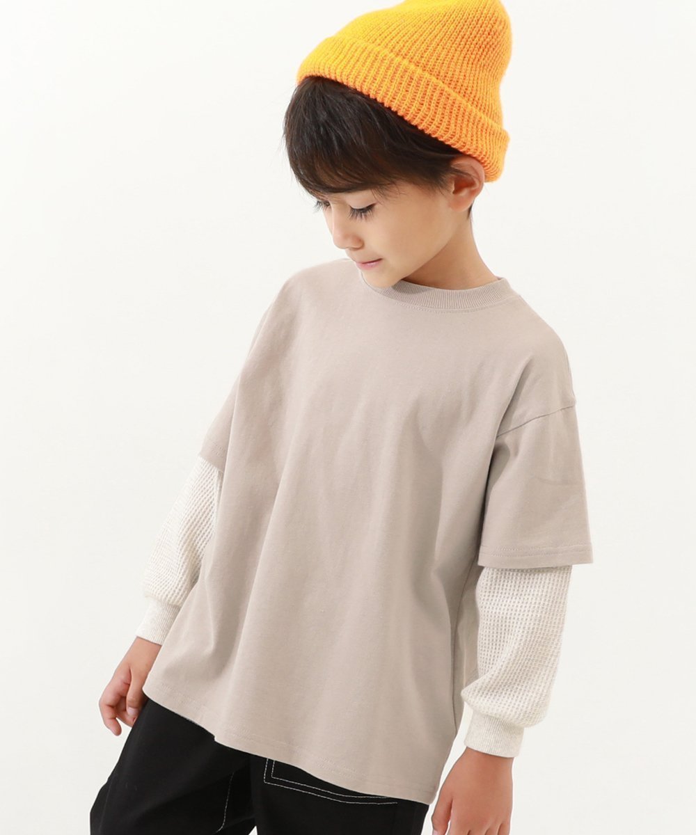 【デビロック/devirock / KIDS】のレイヤード風 長袖Tシャツ ロンT トップス 25AW インテリア・キッズ・メンズ・レディースファッション・服の通販 founy(ファニー) 　ファッション　Fashion　キッズファッション　Fashion for Kids　トップス・カットソー　Cut & Sew Tops　キャップ　Cap, Baseball Cap　スニーカー　Sneakers, Trainers　長袖　Long Sleeve, Full Sleeve　ビッグ　Big, Oversized　ワッフル　Waffle, Waffle Knit　おすすめ　Recommended / Our Picks　2025年　2025　2025-2026秋冬・A/W　Autumn/Winter 2025–26 AW25–26　グレージュ|ID: prp329100004727403 ipo3291000000034153154