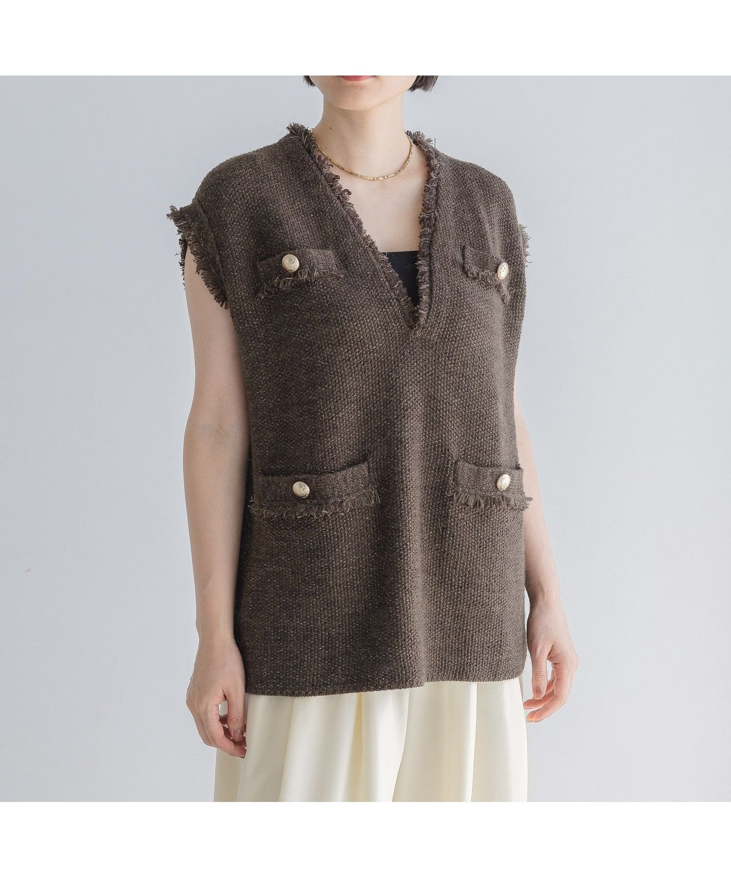 【アパートバイローリーズ/apart by lowrys】のアンゴラツィードニットベスト インテリア・キッズ・メンズ・レディースファッション・服の通販 founy(ファニー) 　ファッション　Fashion　レディースファッション　Fashion for Women　アウター　Coat / Outerwear Collection　トップス・カットソー　Cut & Sew Tops　ニット　Knit Tops & Sweaters　ベスト&ジレ / 重ね着スタイル　Vests & Gilets　アンゴラ　Angora Knitwear　ツイード／ツィード　Choker, Choker Necklace　ツイード　Twill, Twill Weave　ノースリーブ　Sleeveless, No-Sleeve　バランス　Balance, Style Balance　フリンジ　Fringe, Tassel　ベスト　Vest, Waistcoat　ポケット　Pocket, Pocket Detail　ブラウン58|ID: prp329100004727960 ipo3291000000034206936