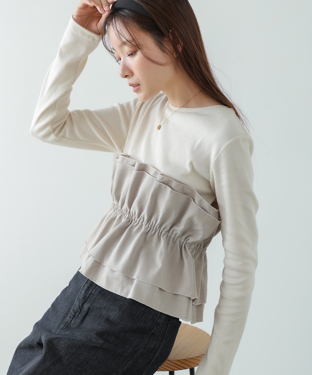 【バブ ブージュルード/Bab Bou Jeloud】のビスチェ風レイヤードロンT インテリア・キッズ・メンズ・レディースファッション・服の通販 founy(ファニー) 　ファッション　Fashion　レディースファッション　Fashion for Women　トップス・カットソー　Cut & Sew Tops　ロングTシャツ・Tシャツ　Longline T-Shirts & Tees　ビスチェ　Bustiers & Corset Tops / Layered Bustier Style　カットソー　Cut and Sewn Top　クラシカル　Classical, Vintage-Inspired　サテン　Satin, Glossy Fabric　ジャケット　Jacket, Outerwear　スマート　Smart, Elegant　チェック　Check, Plaid, Tartan　デニム　Denim, Jeans Material　バルーン　Balloon, Balloon Silhouette　ビスチェ　Bustier, Corset Top　レース　Lace, Lace Fabric　再入荷　Restock / Back in Stock　おすすめ　Recommended / Our Picks　エレガント 上品　Elegant　ECRU|ID: prp329100004727983 ipo3291000000034497013